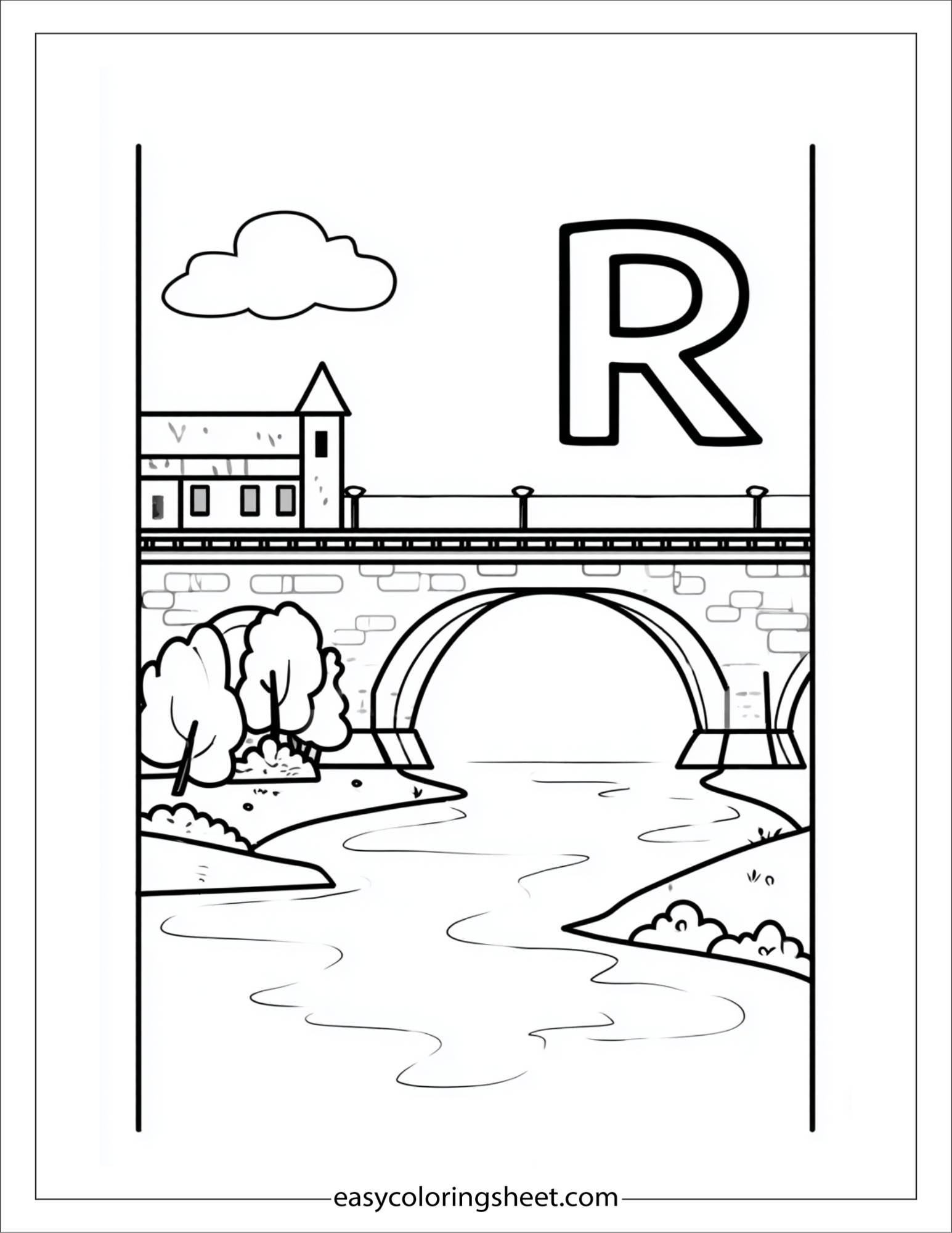 alphabet R river bridge coloring page