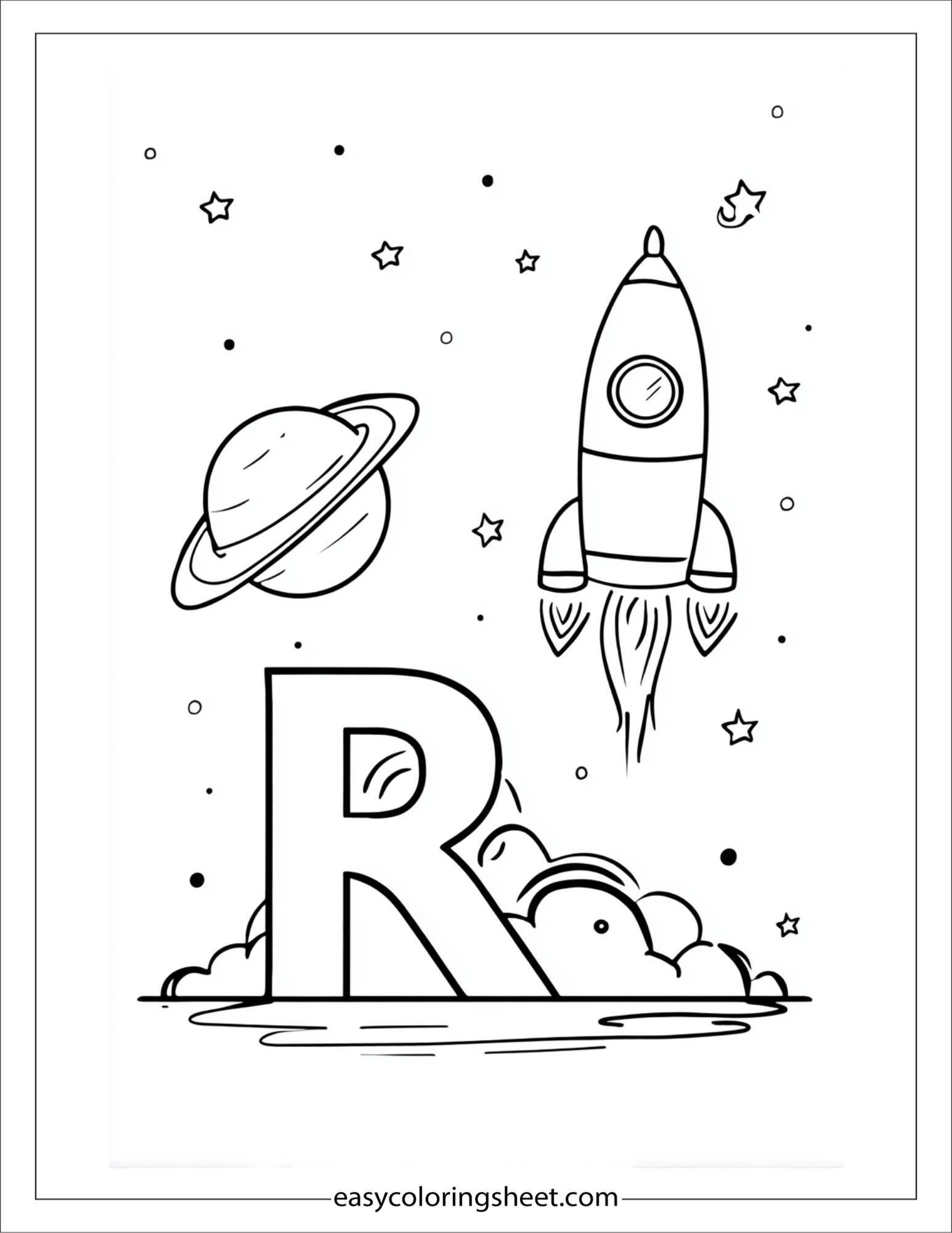 alphabet R rocket planet coloring page