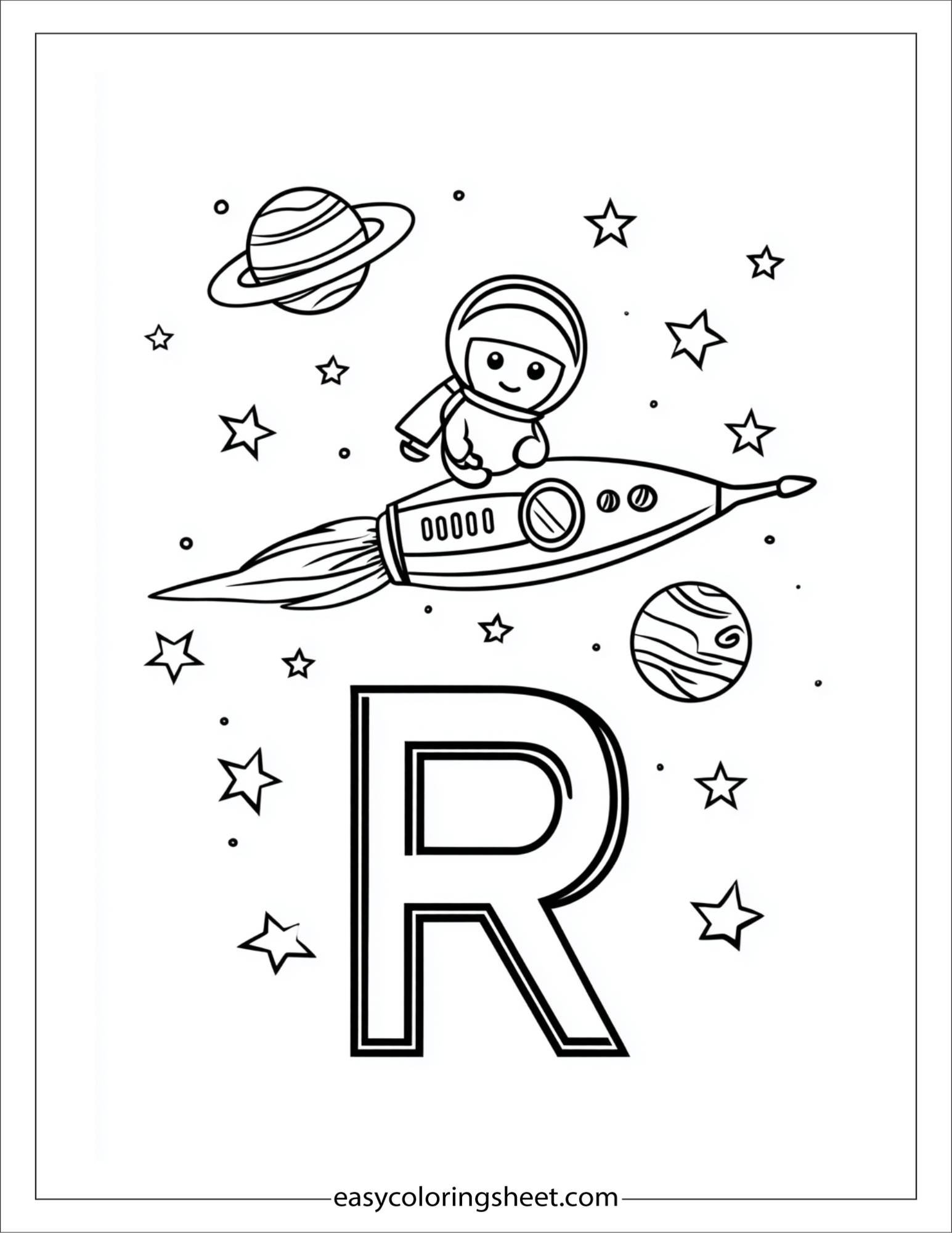 alphabet R rocket space coloring page