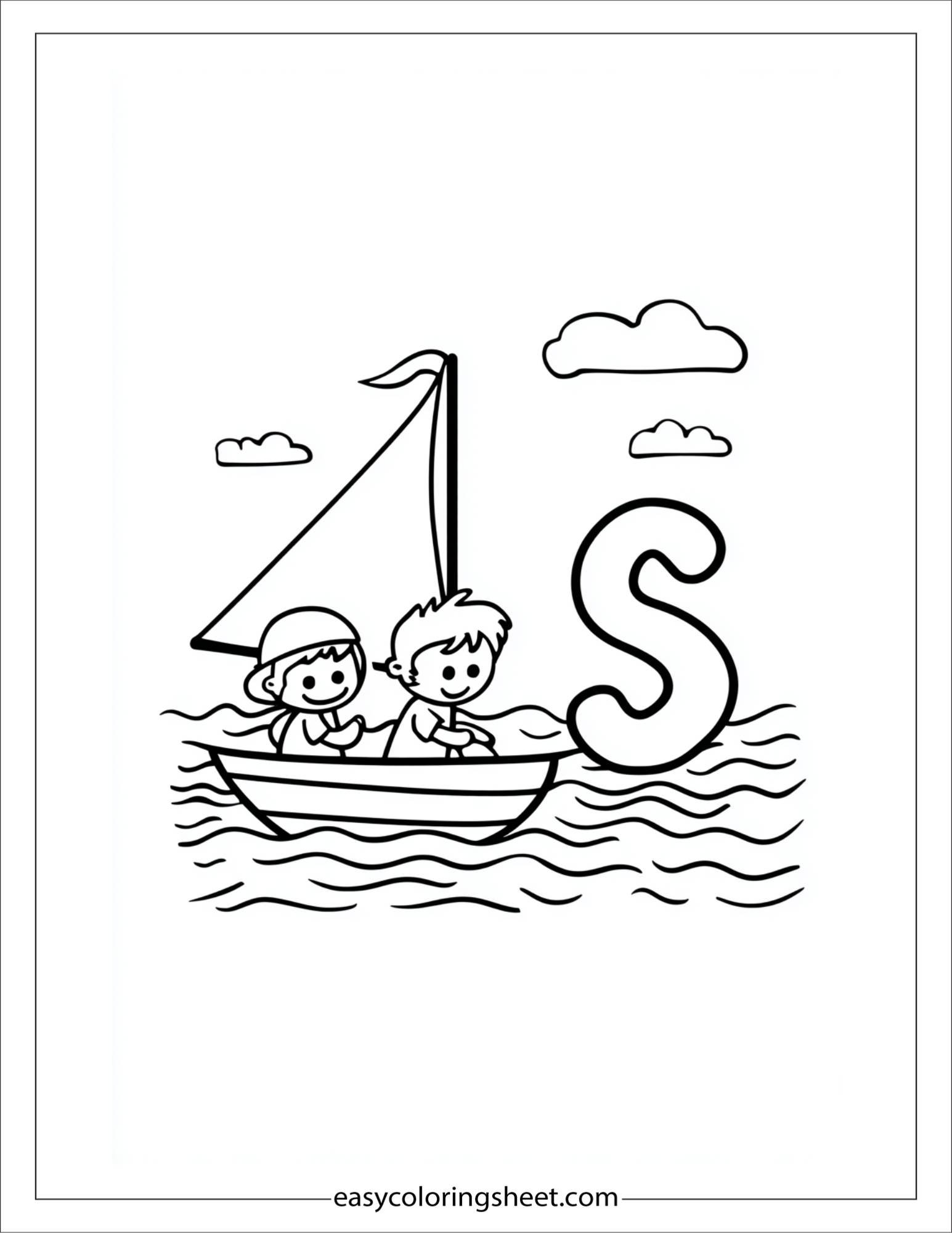 alphabet S sailboat ocean coloring page