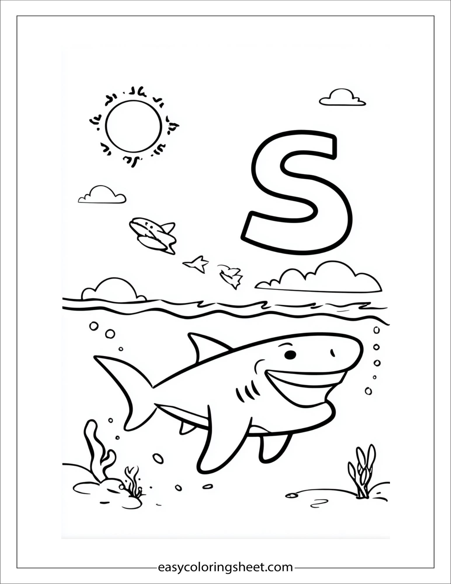 alphabet S shark coloring page