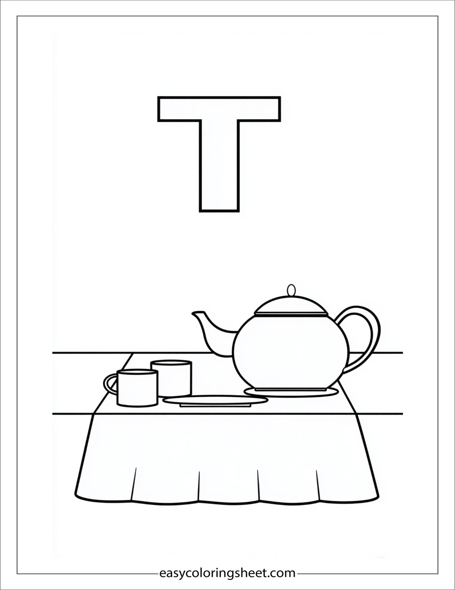 alphabet T tea party coloring page