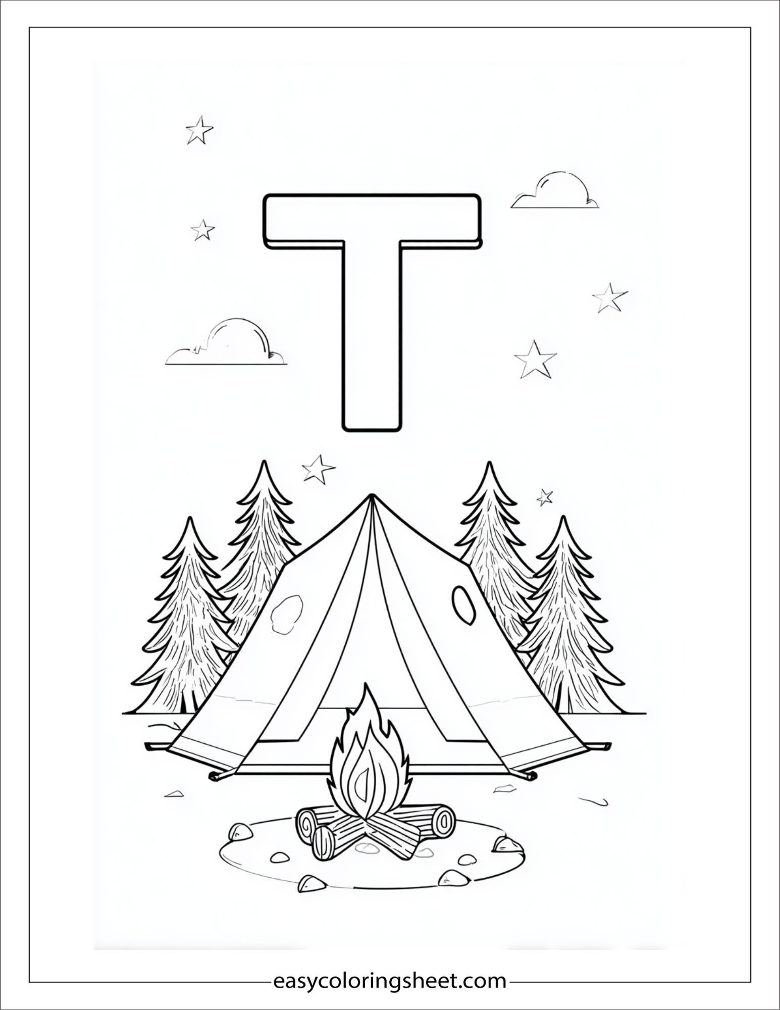 alphabet T tent camp coloring page