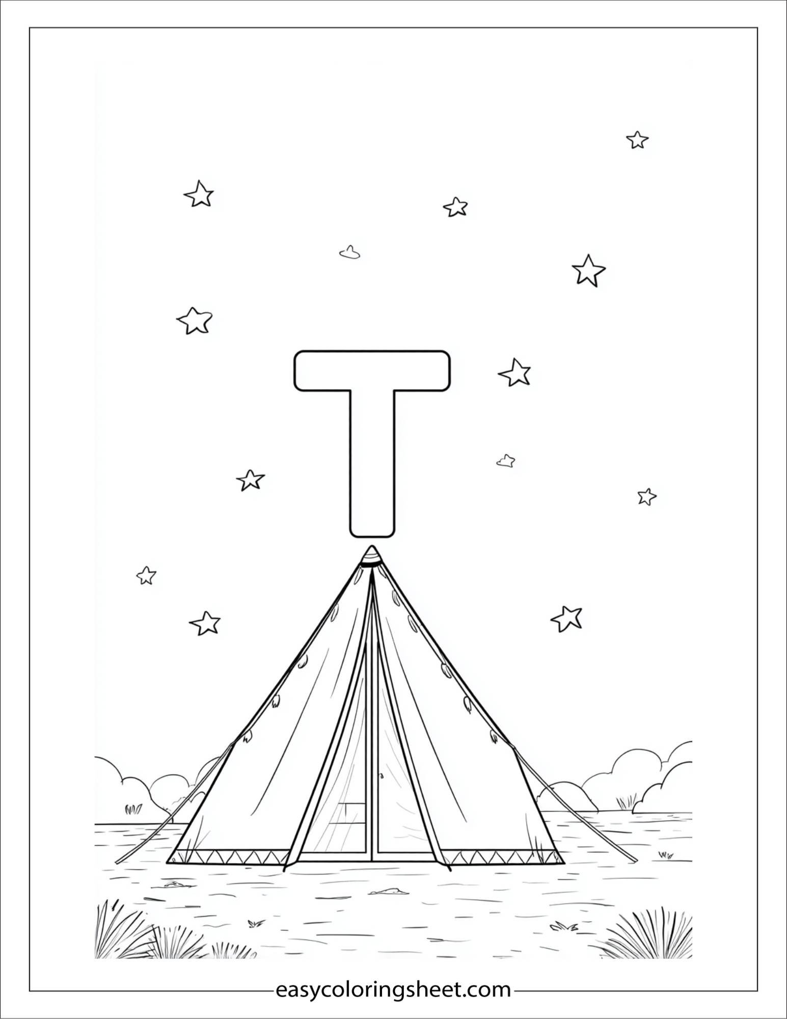 alphabet T tent night coloring page