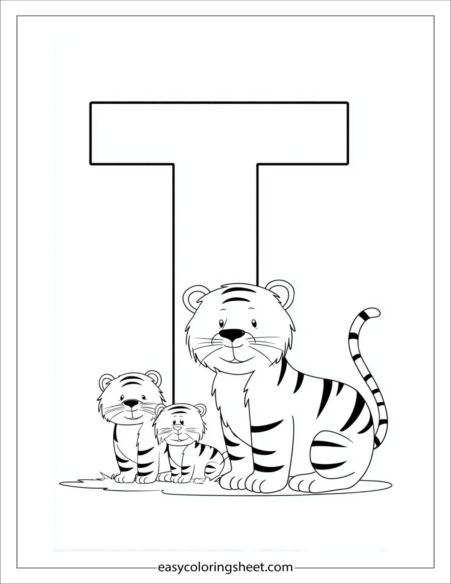 alphabet T tiger family coloring page