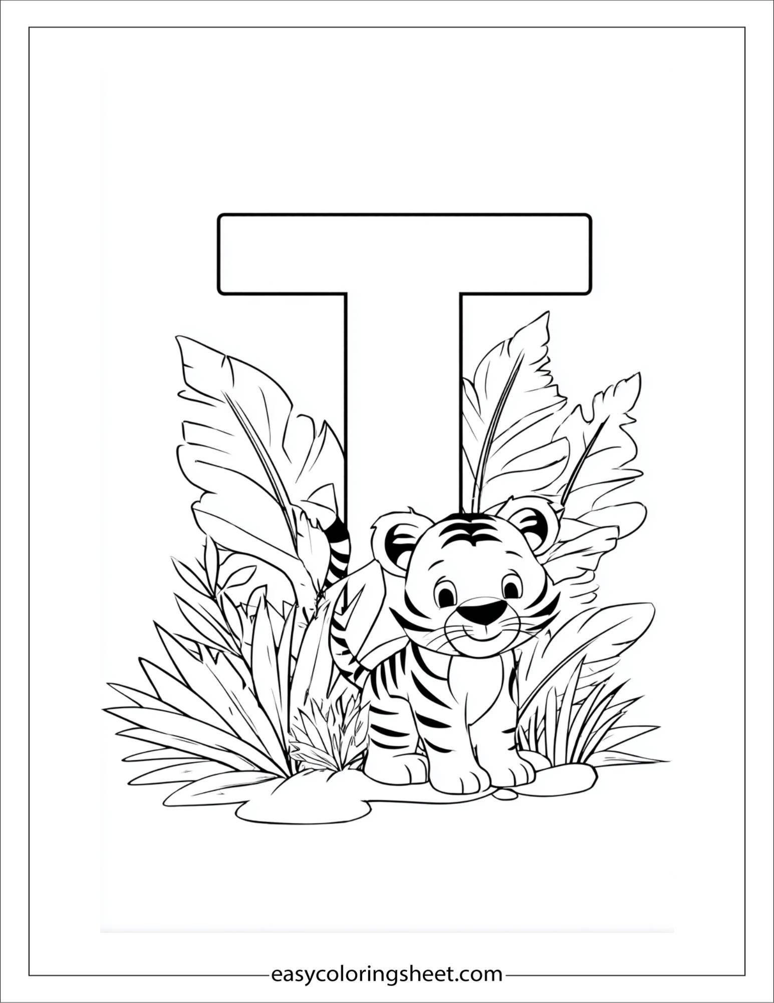 alphabet T tiger jungle coloring page