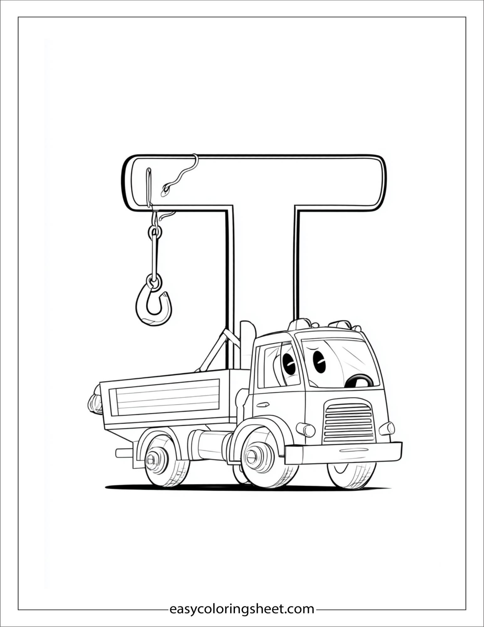 alphabet T tow truck coloring page