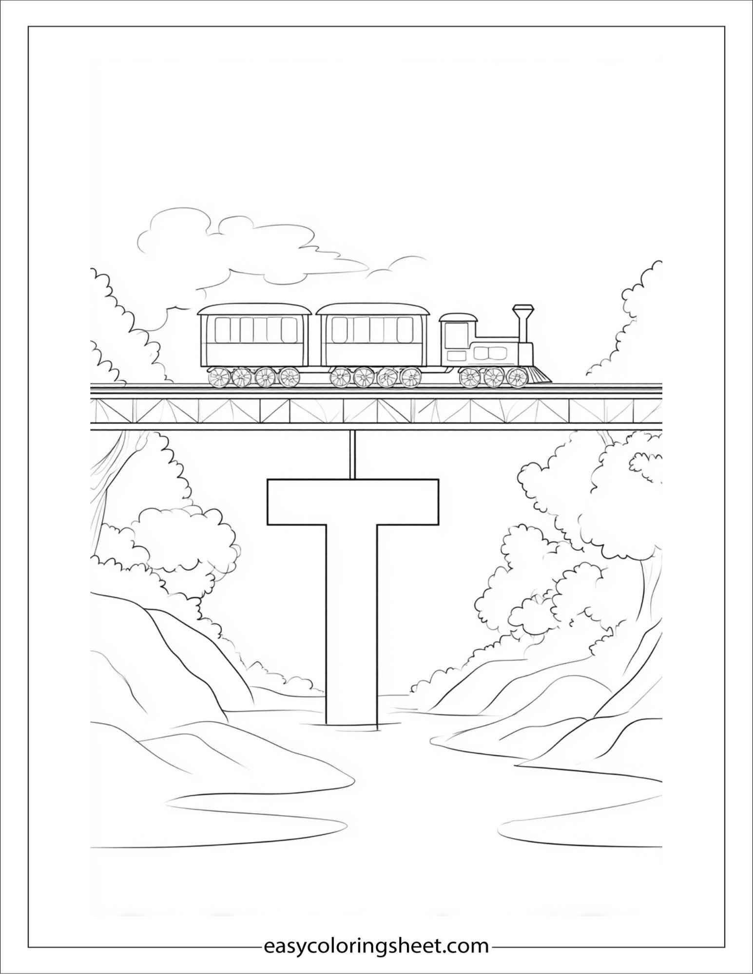 alphabet T train bridge coloring page