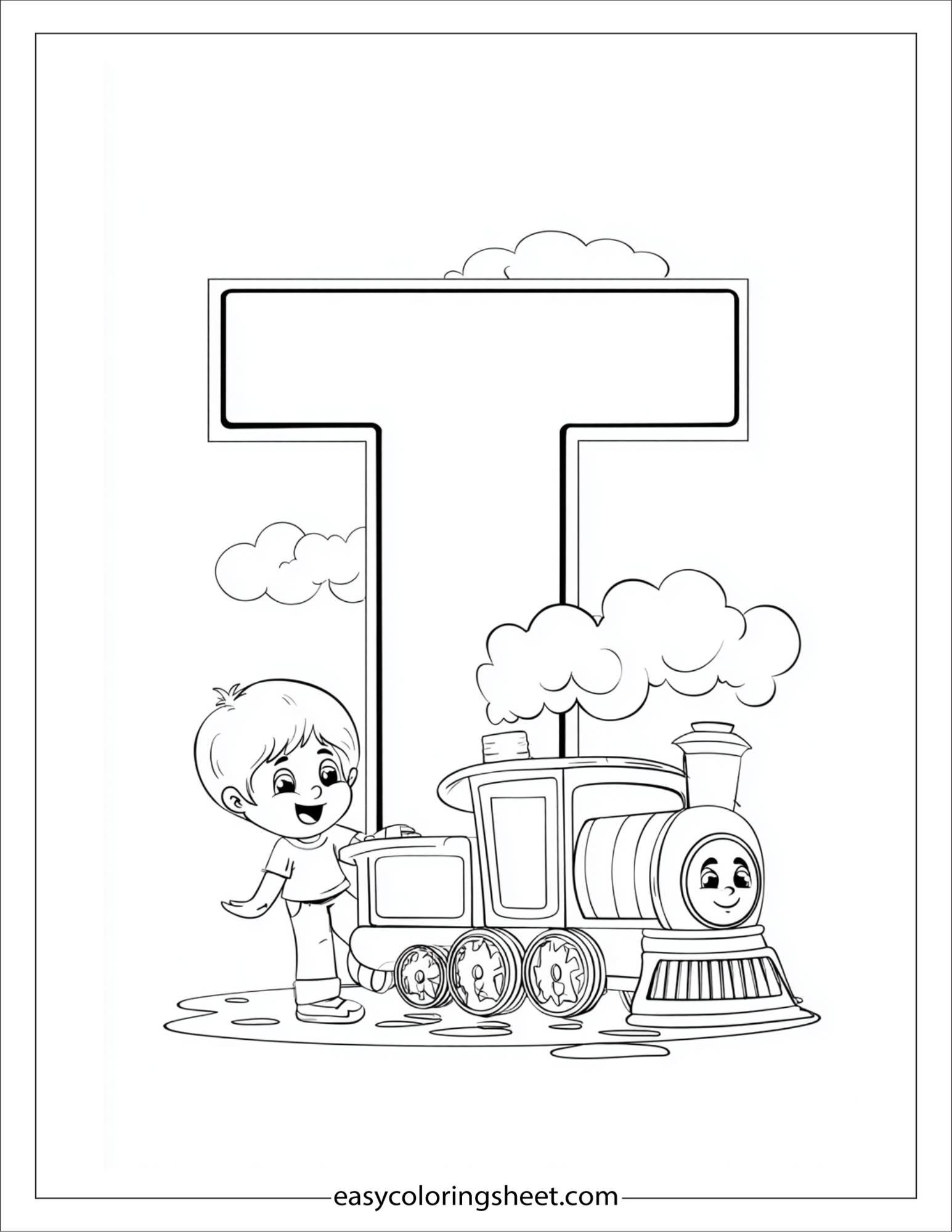 alphabet T train coloring page