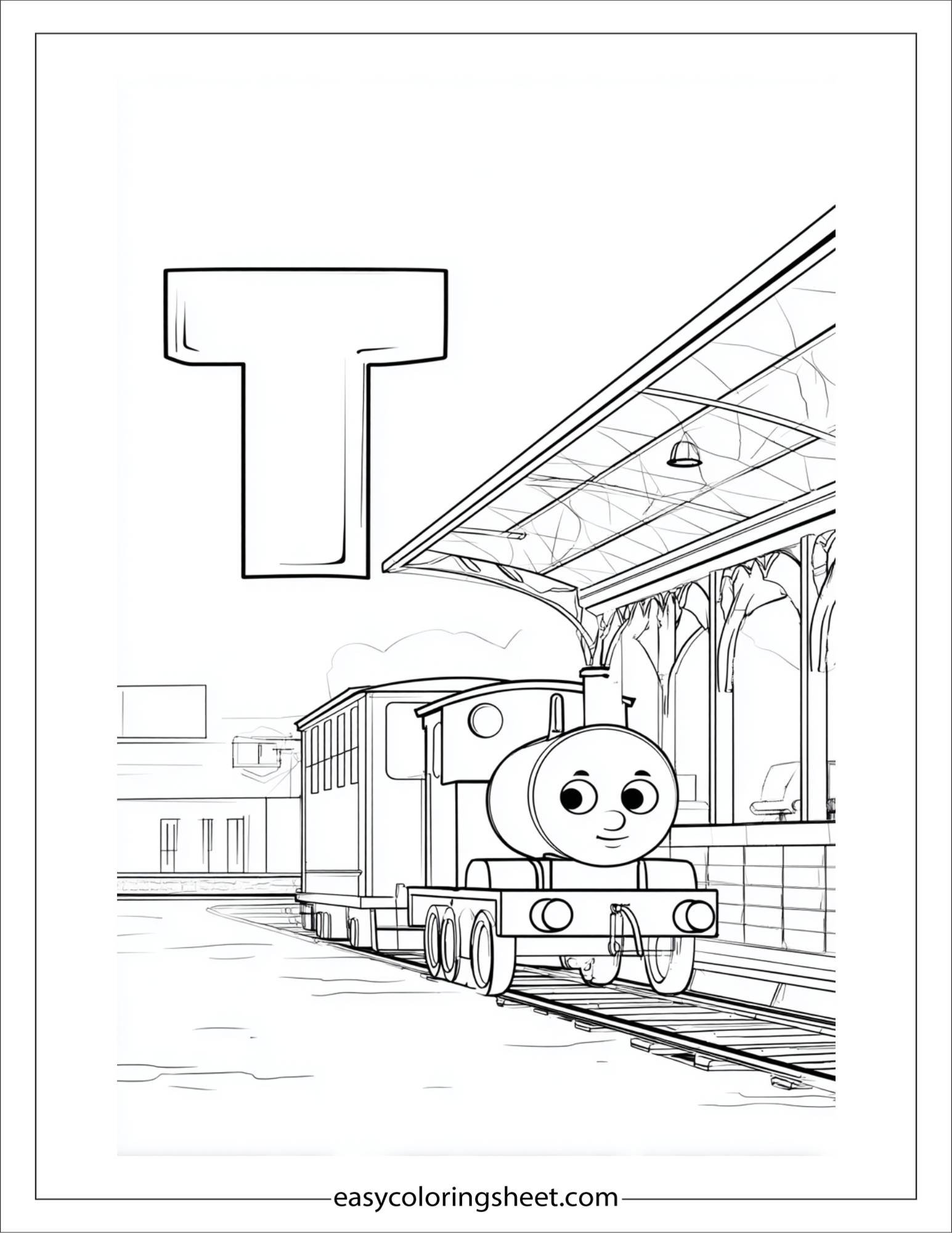 alphabet T train station coloring page