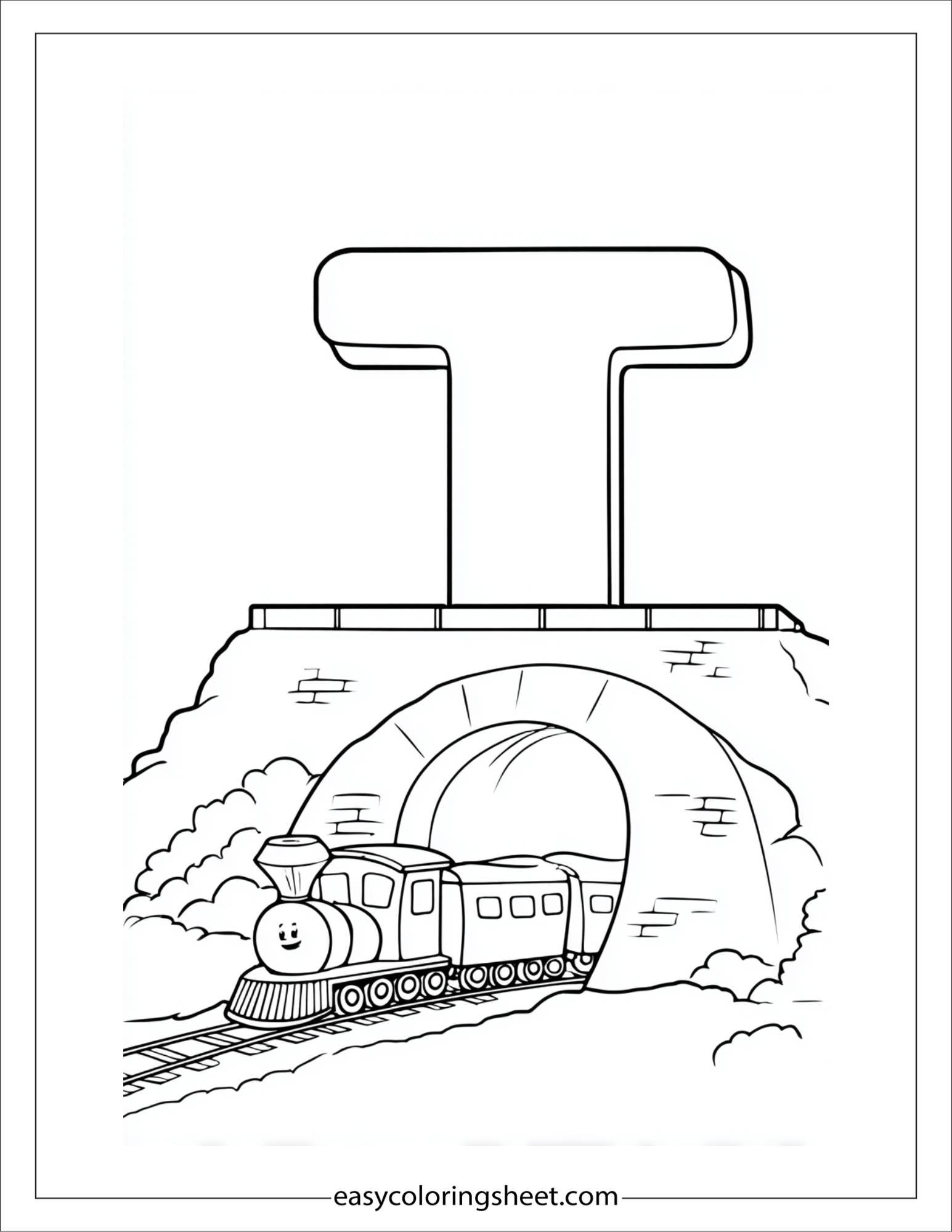 alphabet T train tunnel coloring page