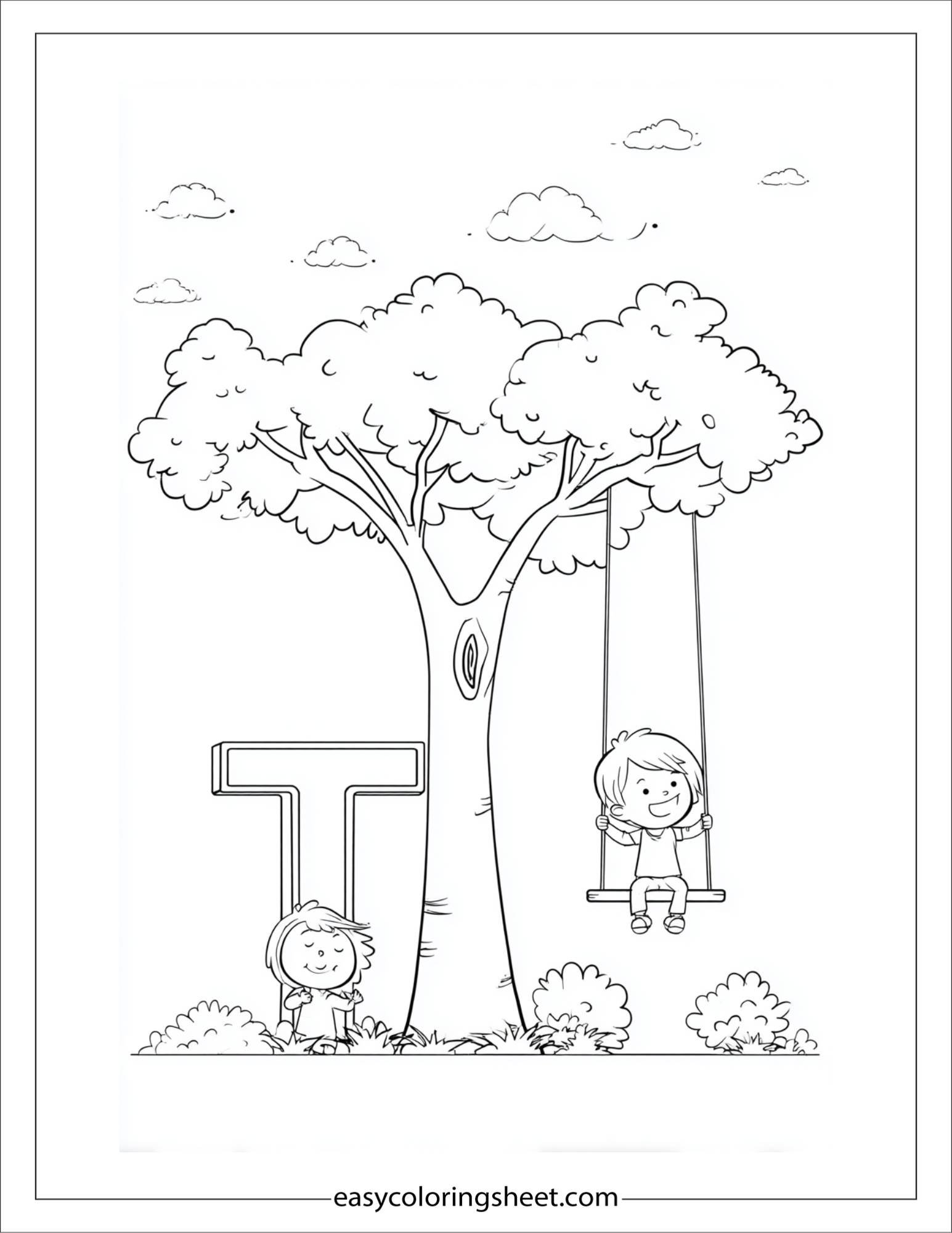 alphabet T tree swing coloring page
