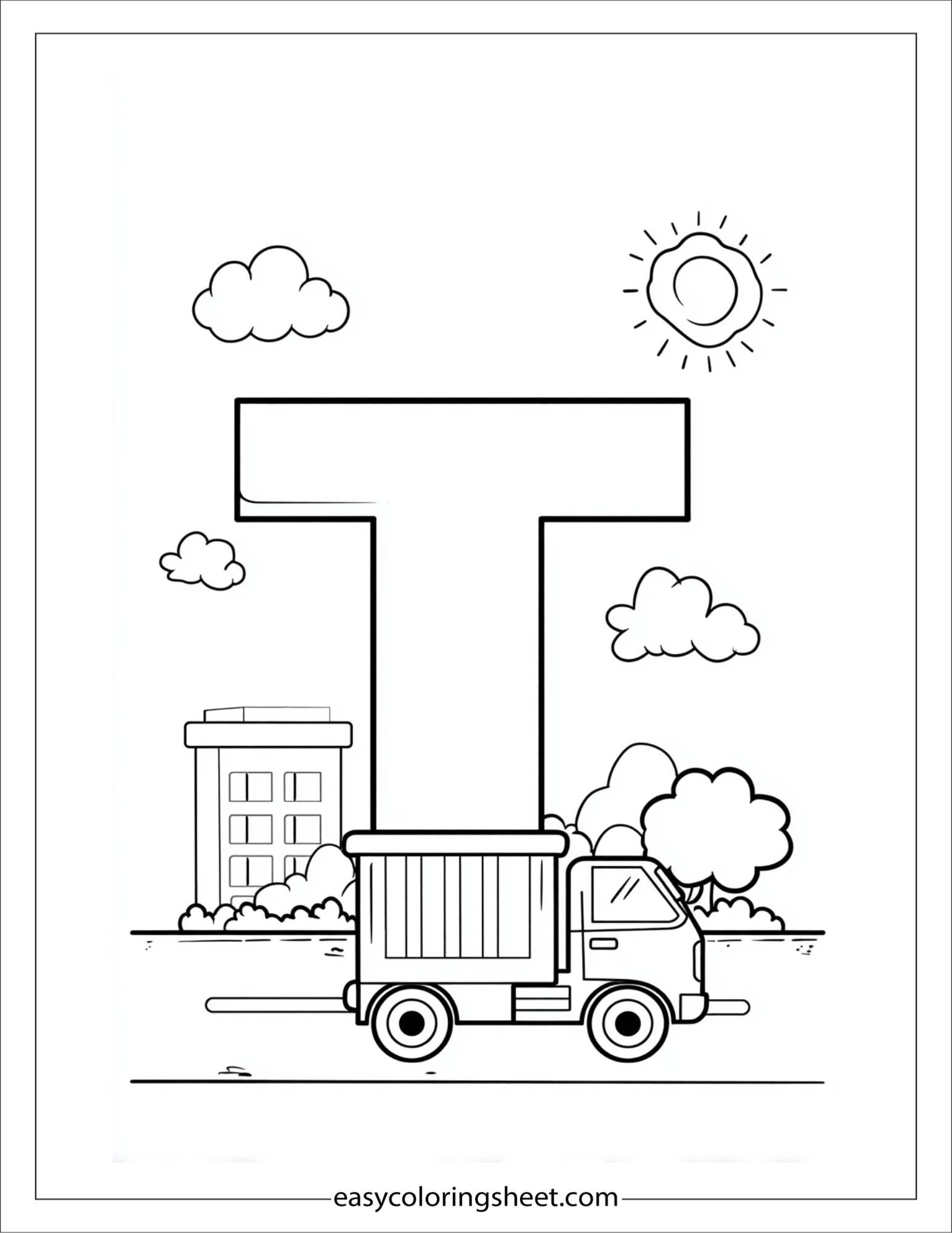 alphabet T truck road coloring page