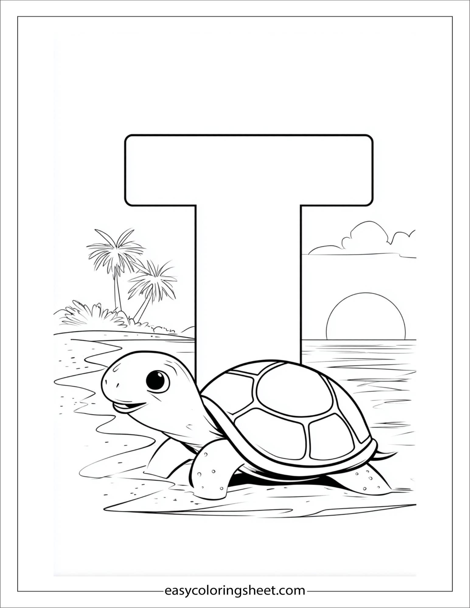 alphabet T turtle beach coloring page
