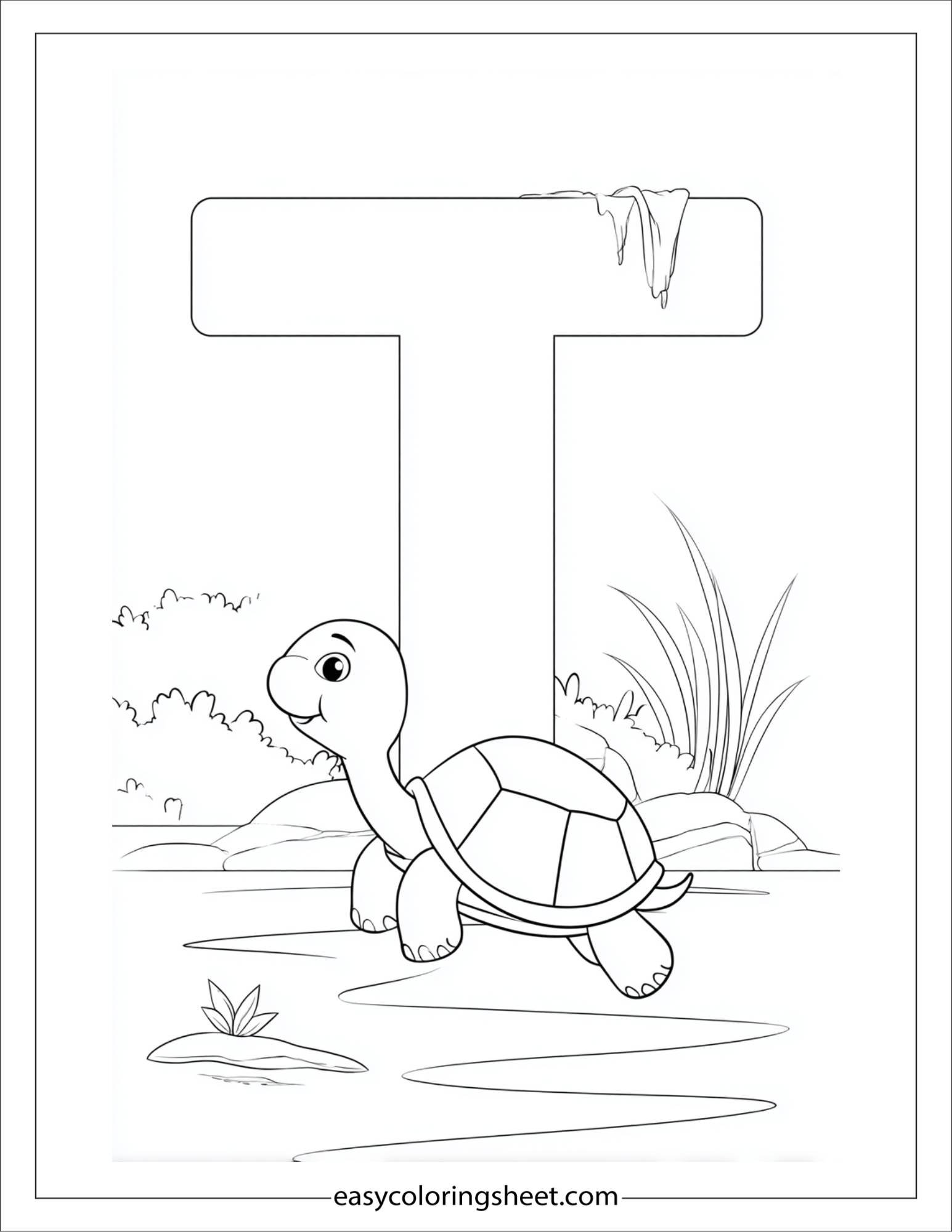 alphabet T turtle pond coloring page