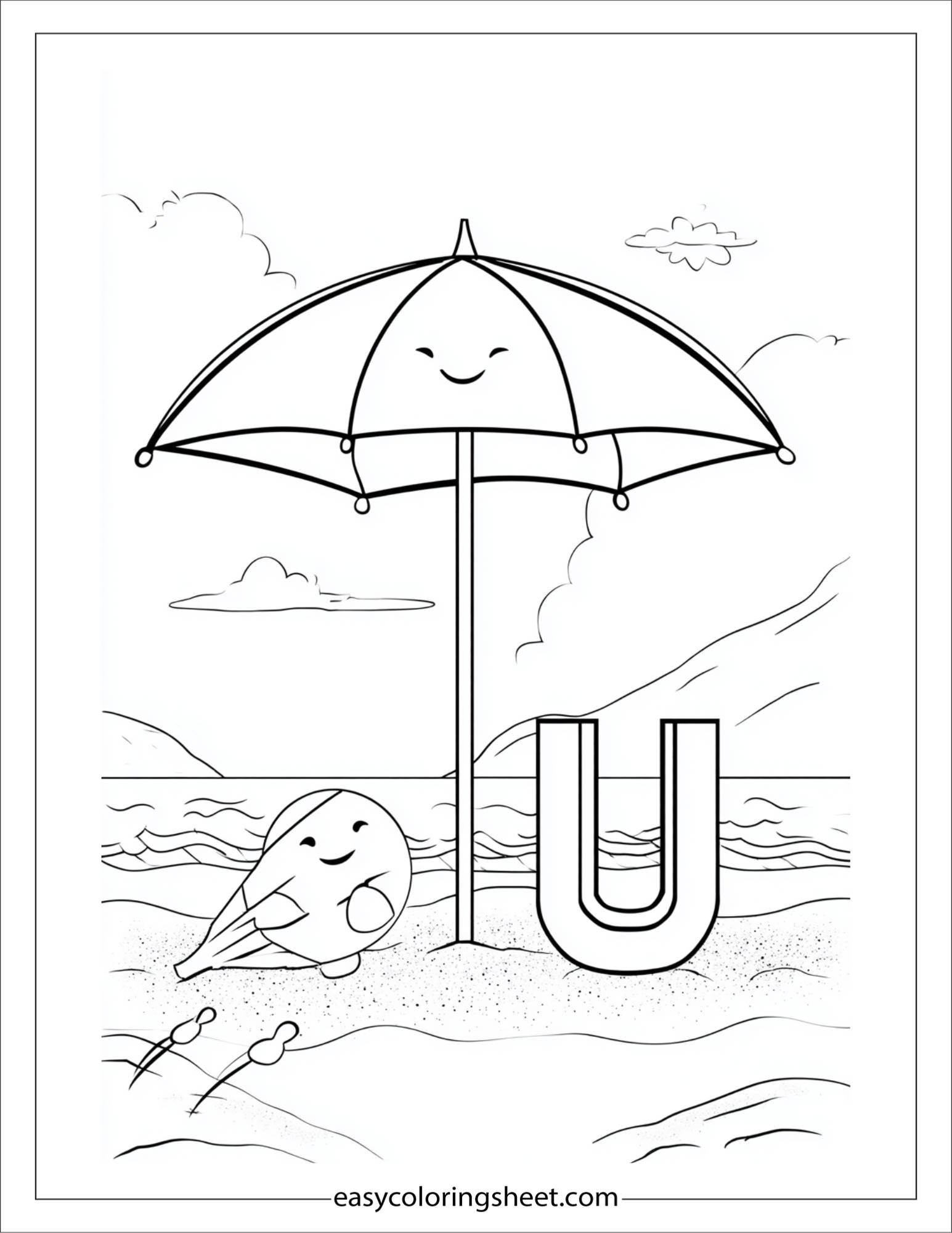 alphabet U umbrella beach coloring page