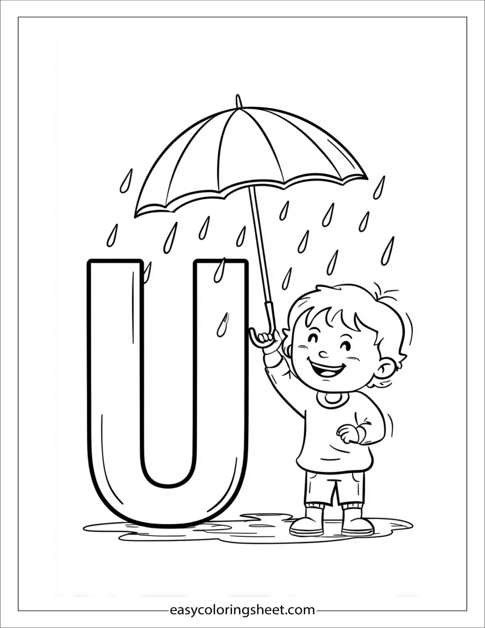 alphabet U umbrella rain coloring page