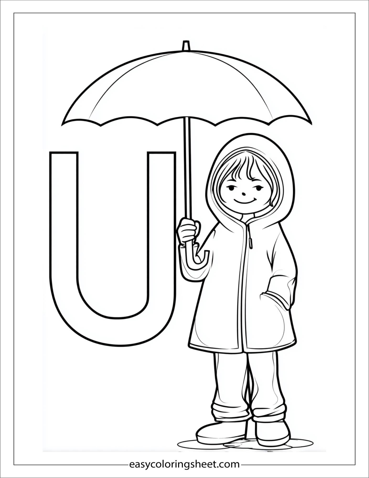 alphabet U umbrella raincoat coloring page