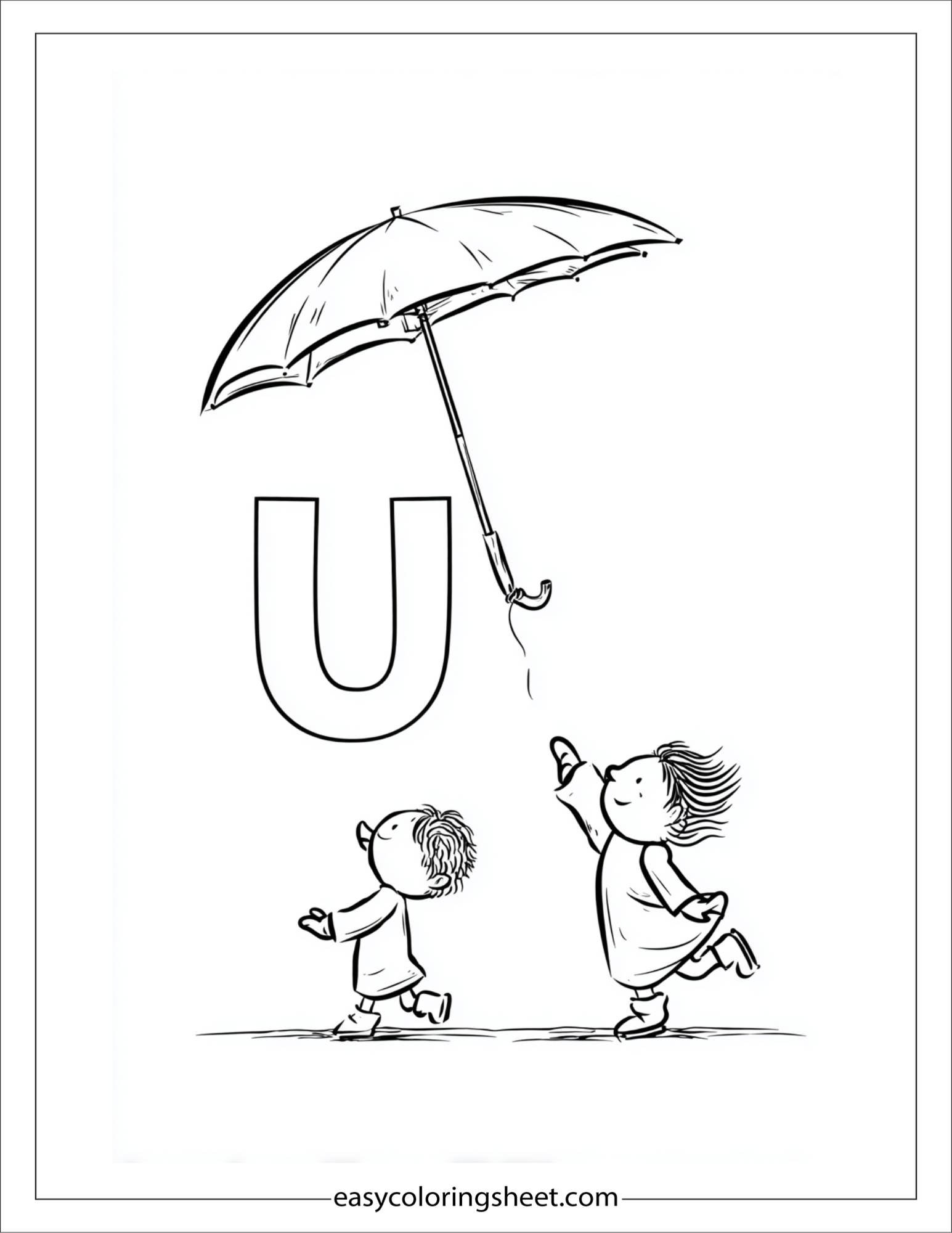 alphabet U umbrella windy coloring page