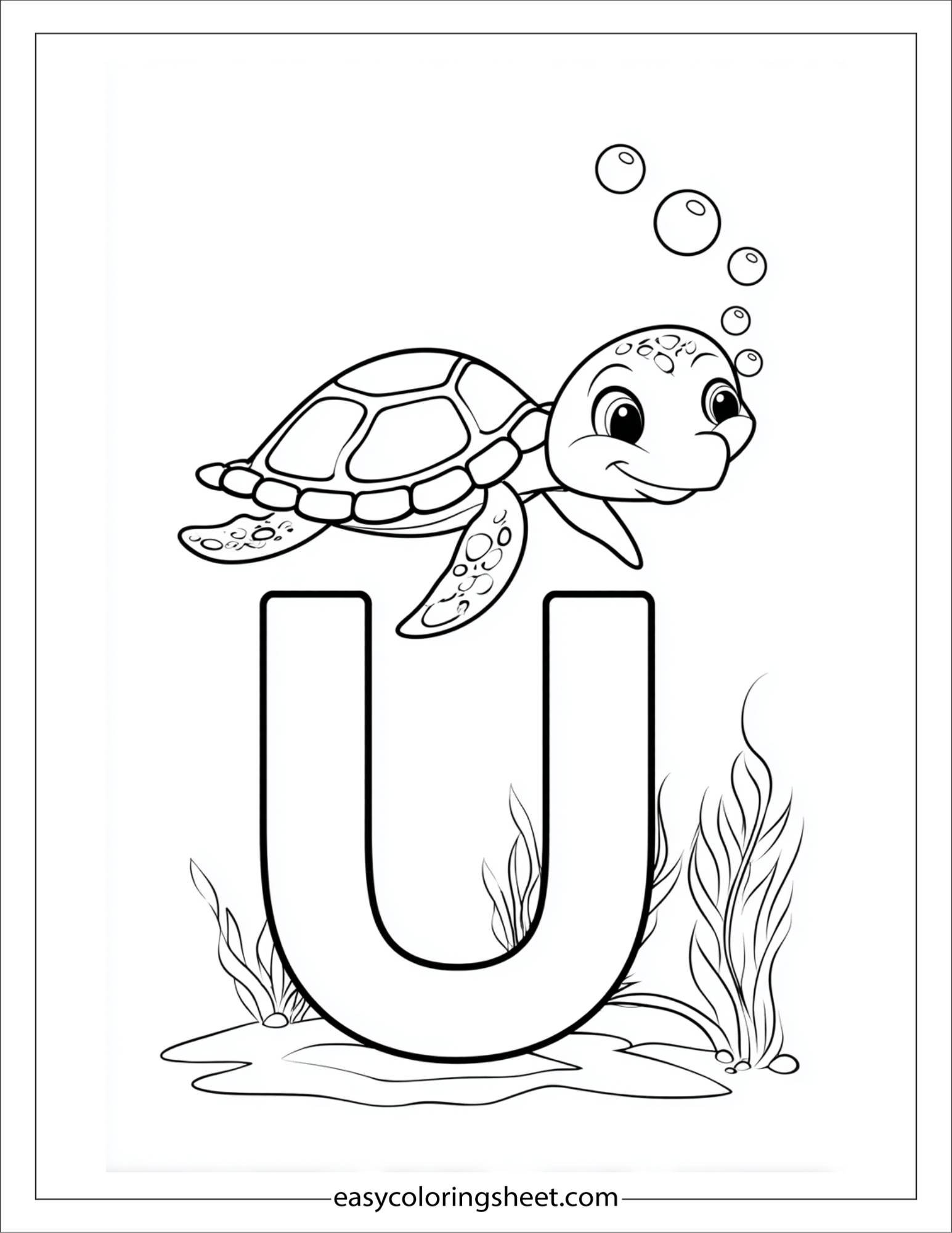 alphabet U underwater turtle coloring page