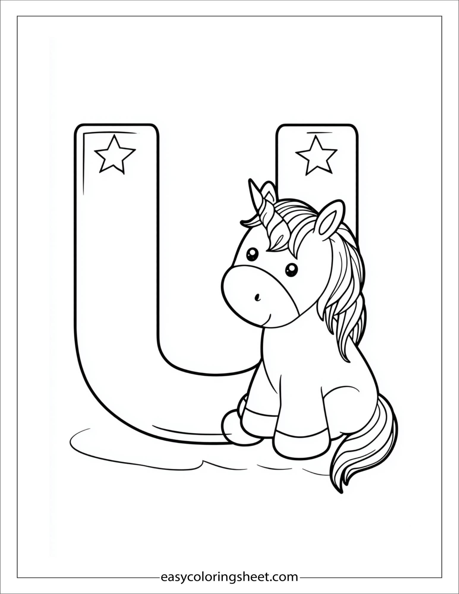 alphabet U unicorn coloring page