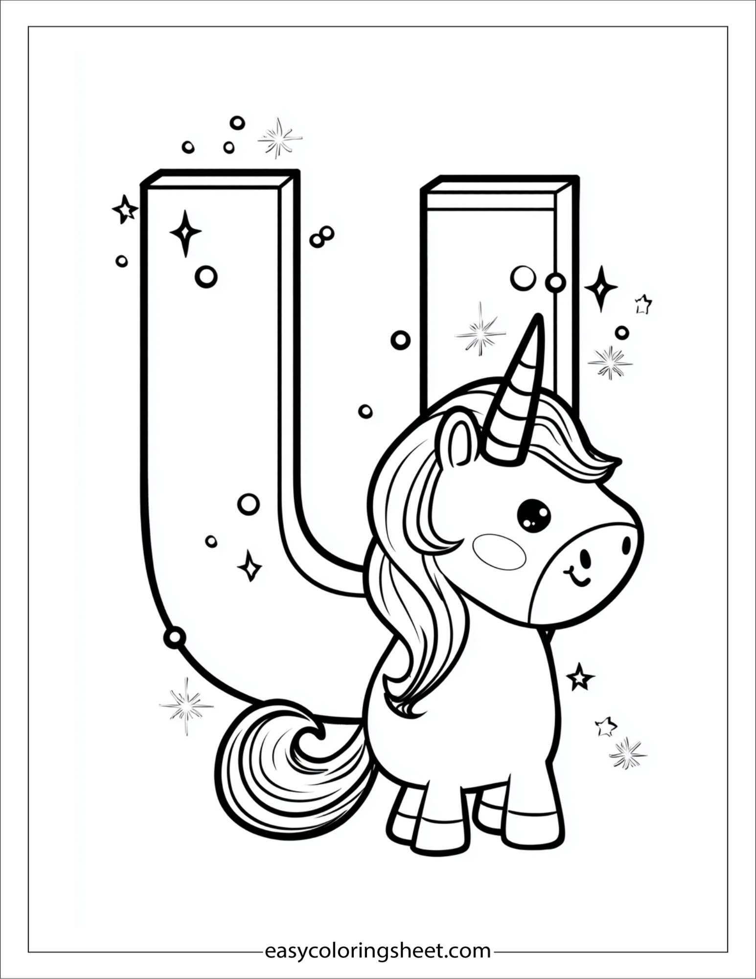 alphabet U unicorn magic coloring page