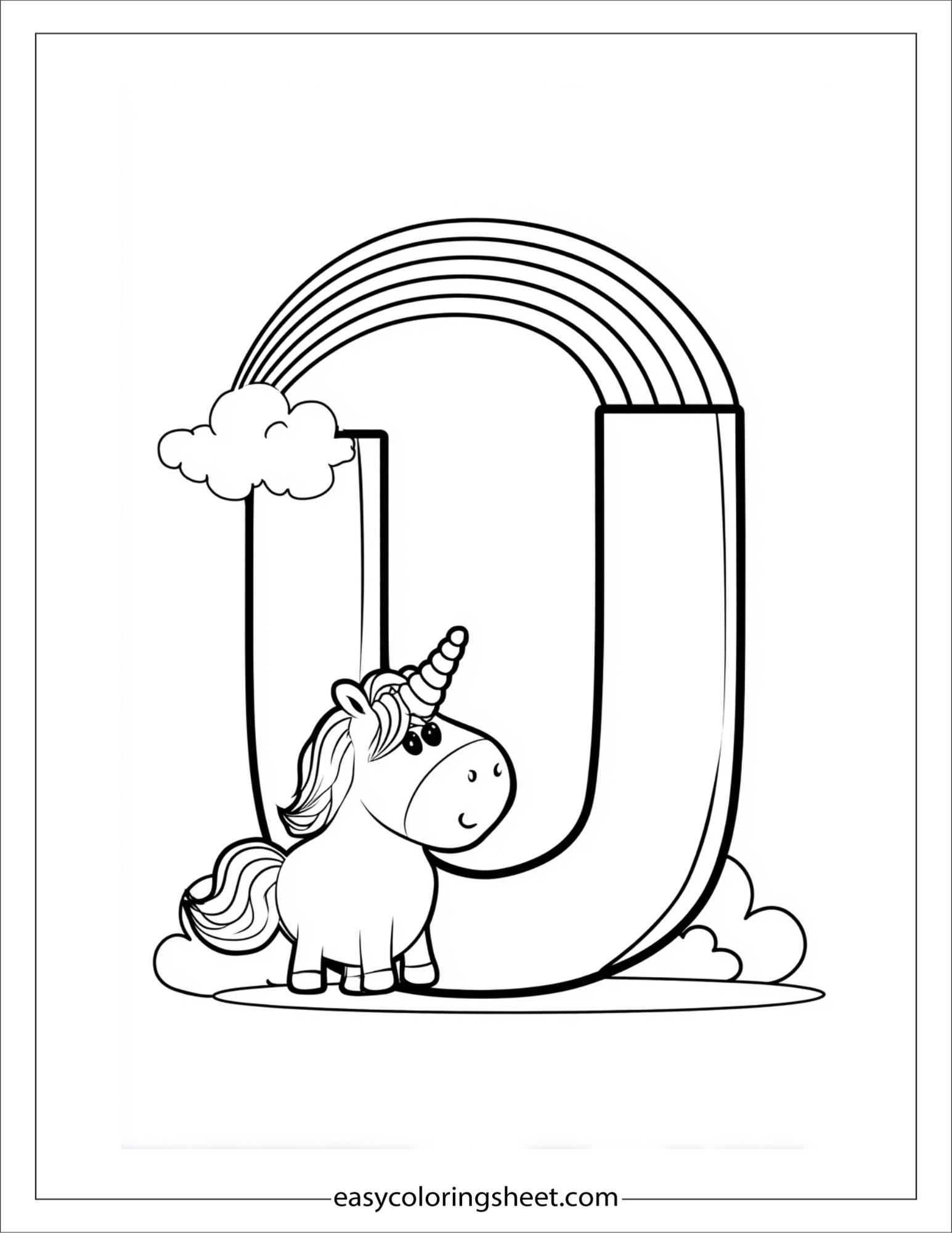alphabet U unicorn rainbow coloring page