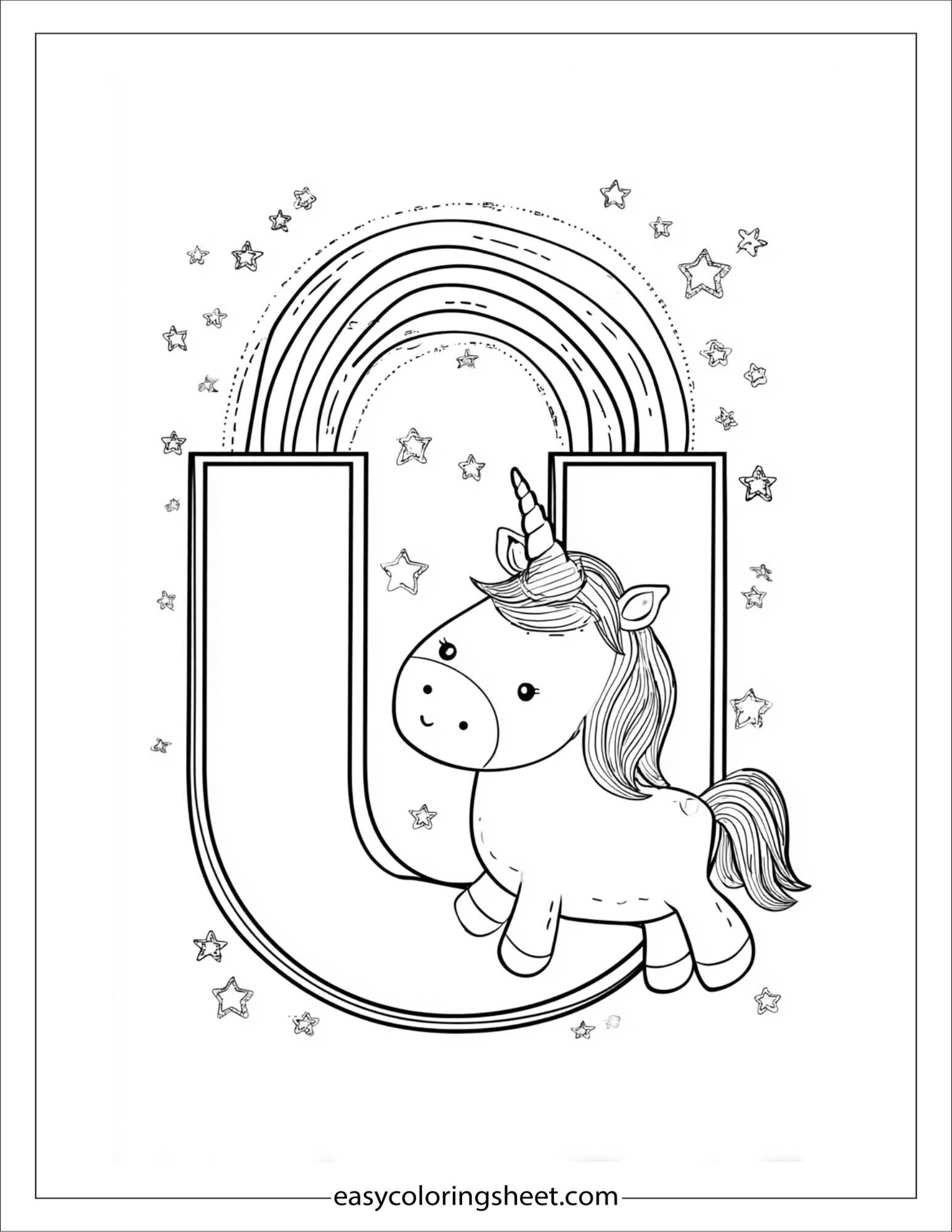 alphabet U unicorn rainbow star coloring page