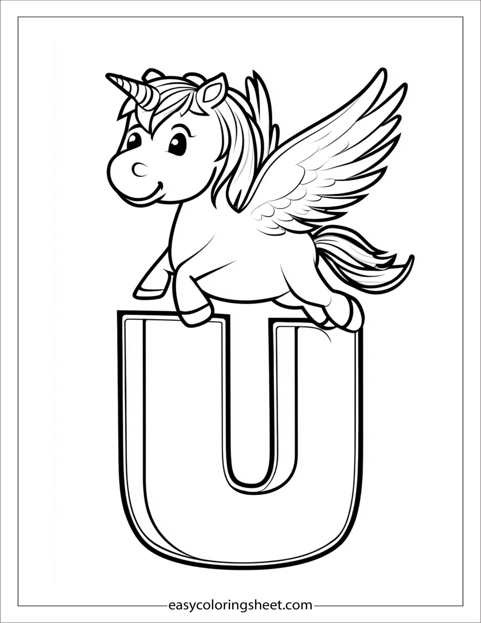 alphabet U unicorn wings coloring page