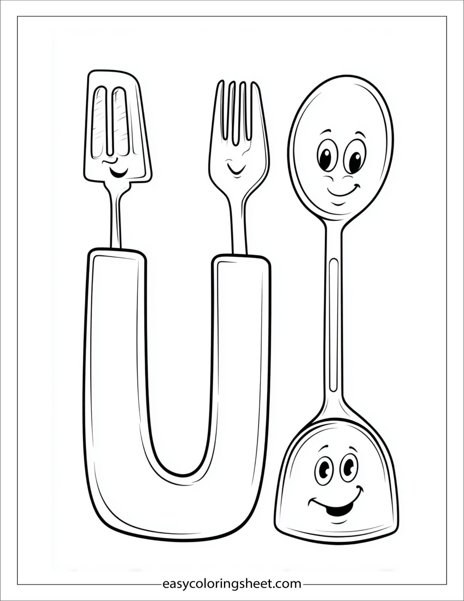 alphabet U utensils kitchen coloring page