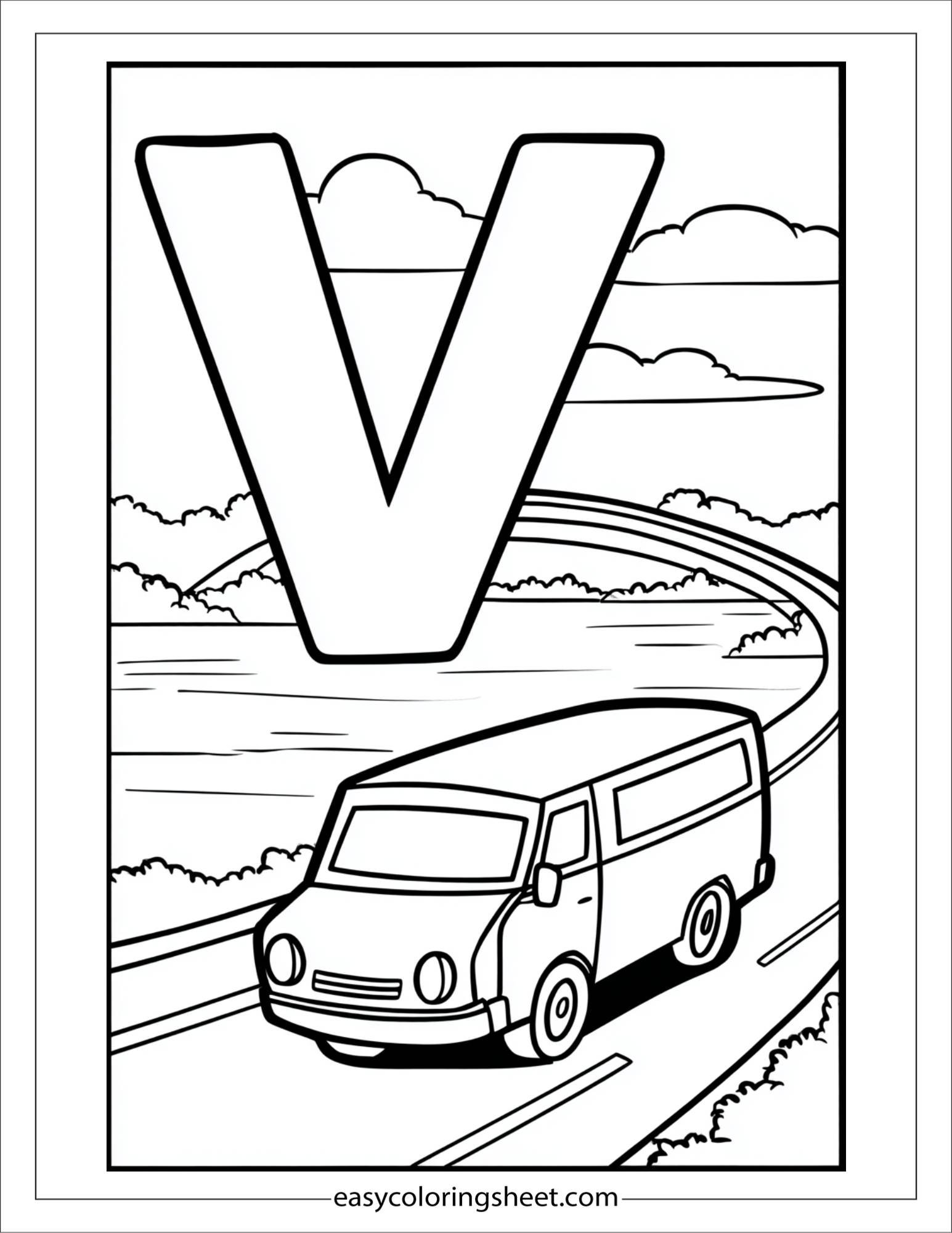 alphabet V van road coloring page