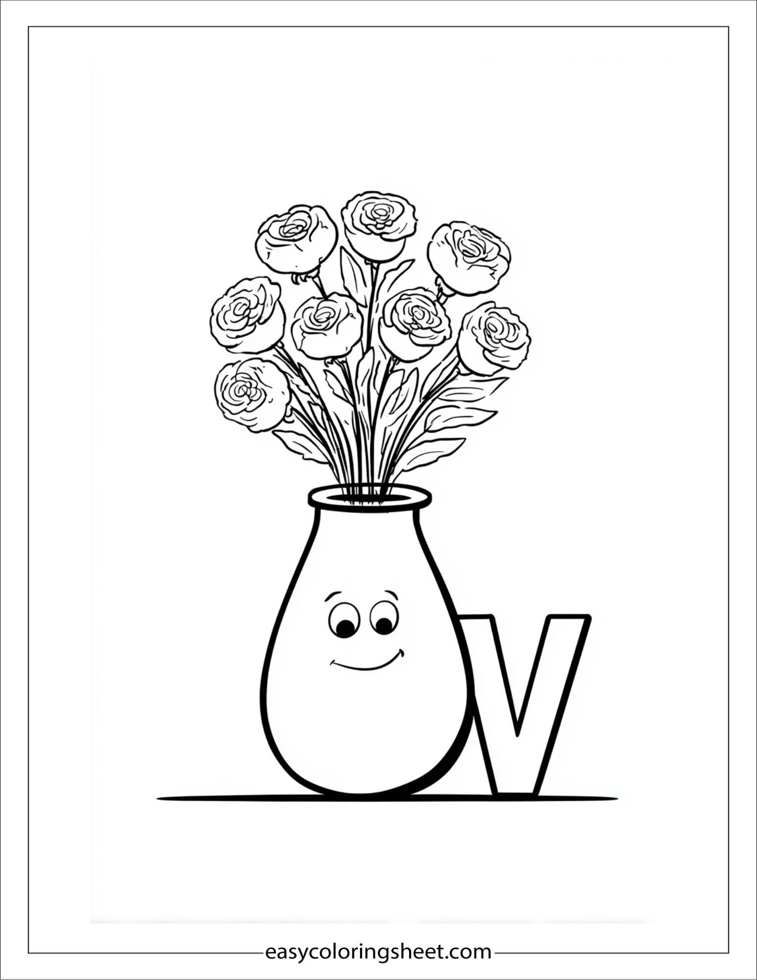 alphabet V vase flower bouquet coloring page