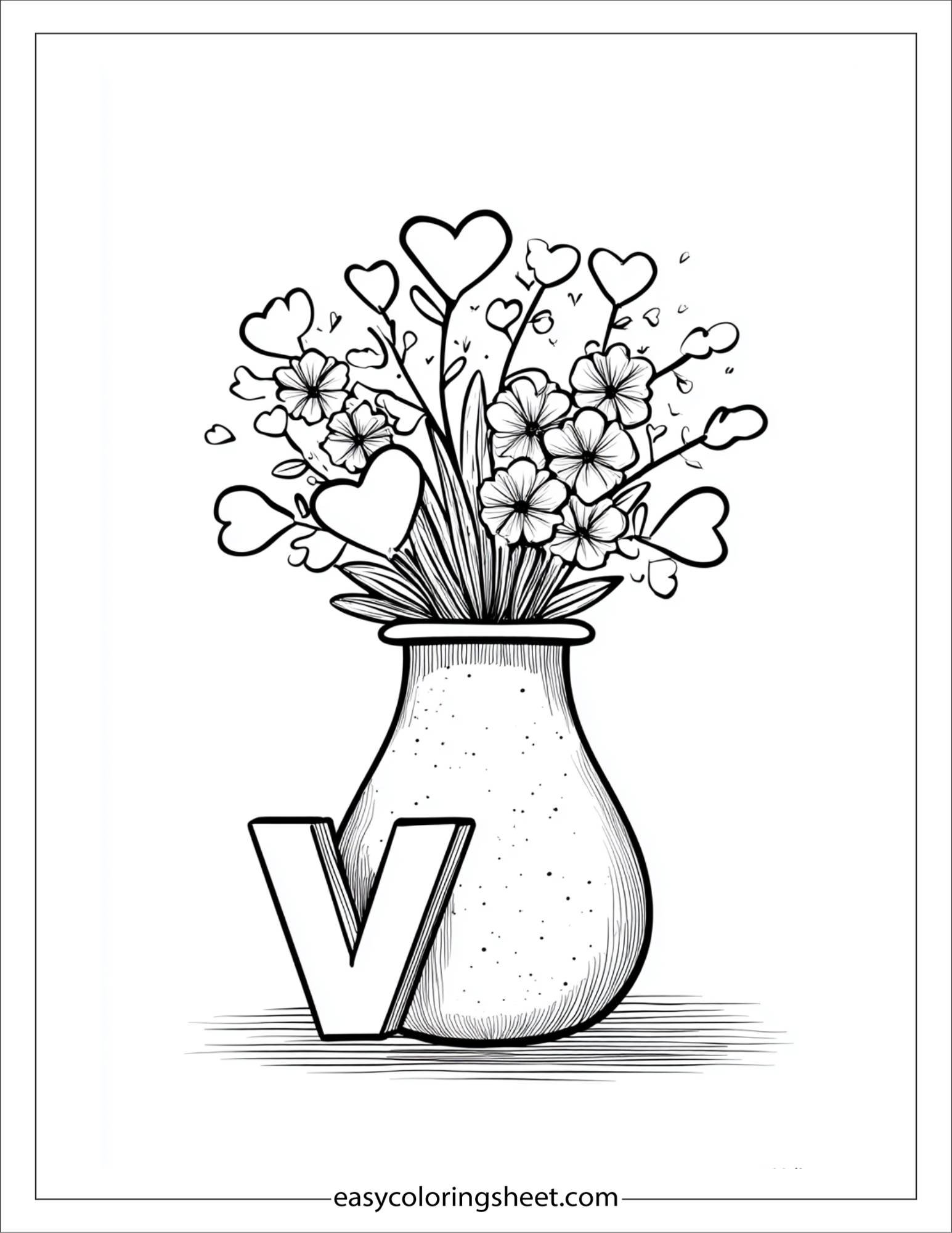 alphabet V vase heart coloring page