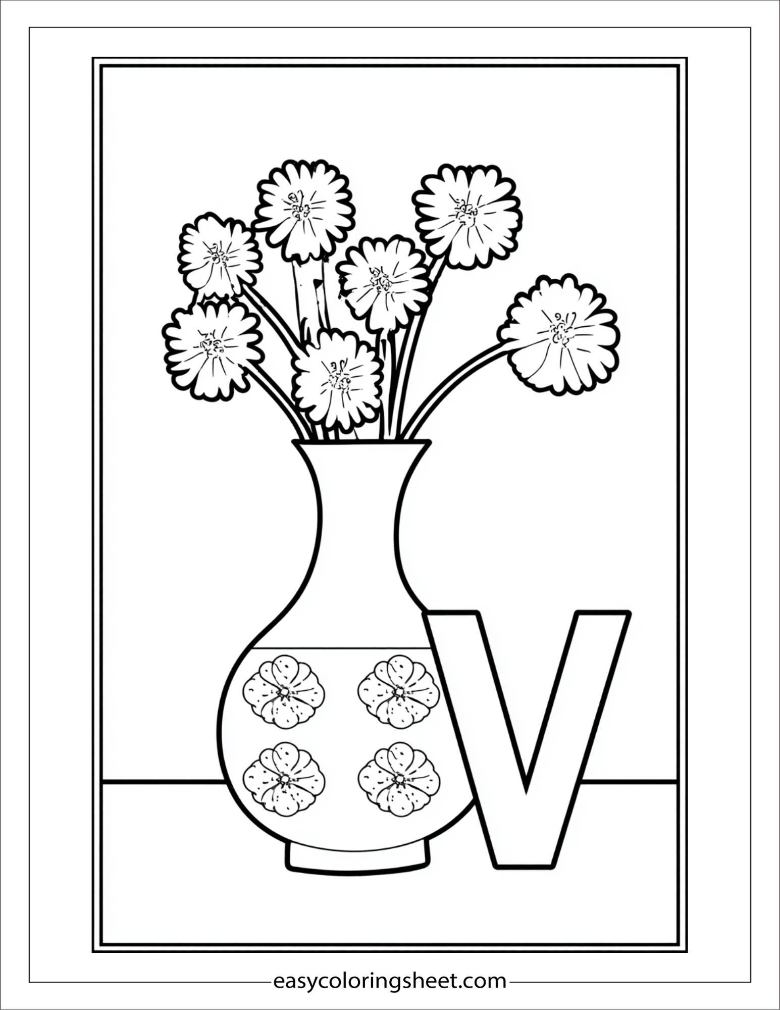 alphabet V vase pattern coloring page