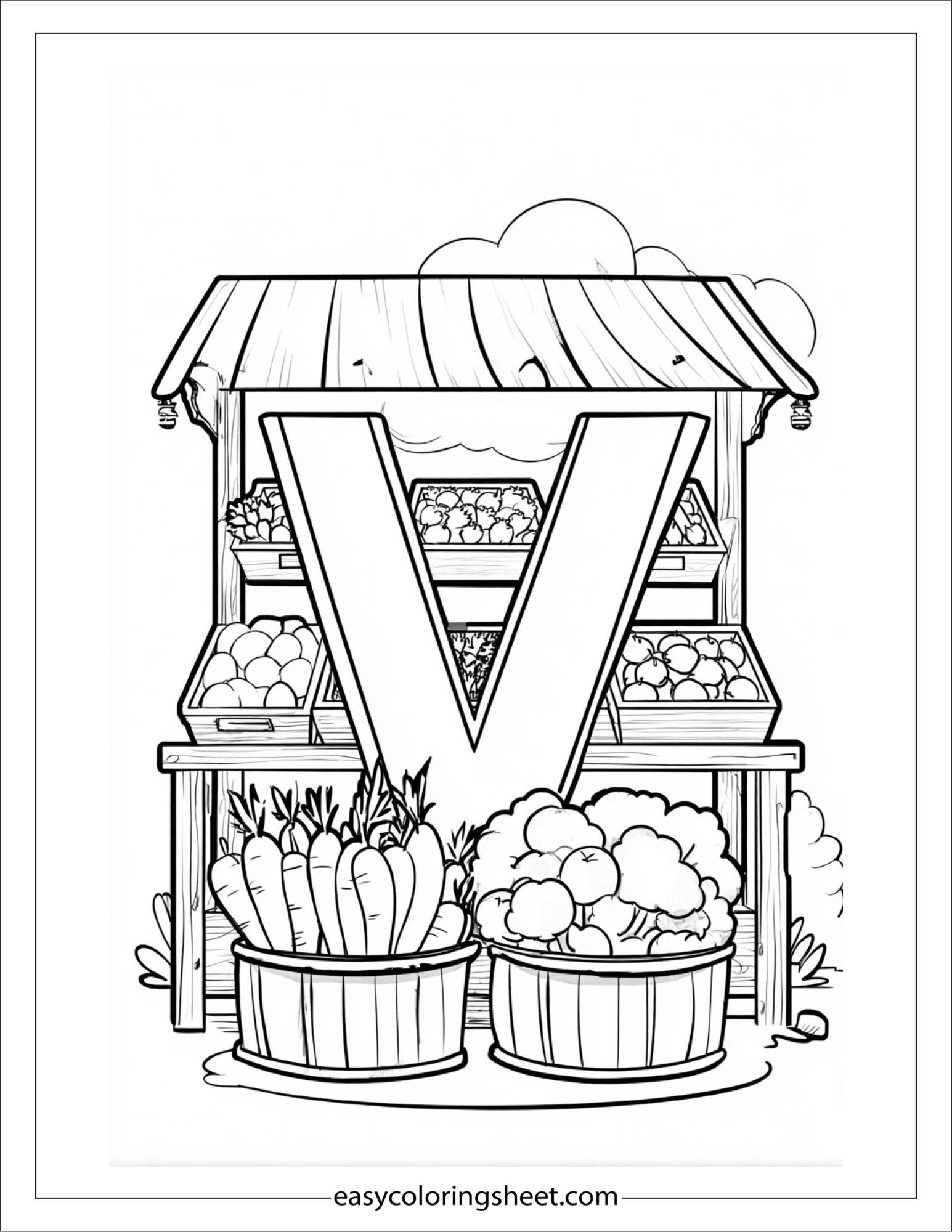 alphabet V vegetable market coloring page