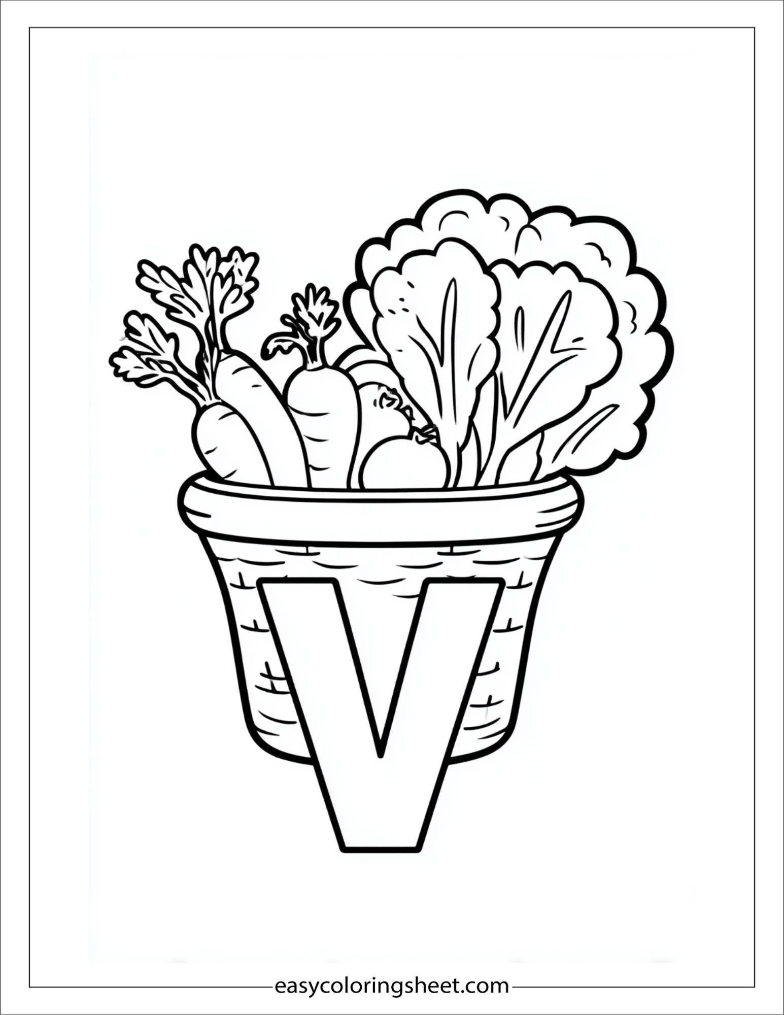 alphabet V vegetables basket coloring page