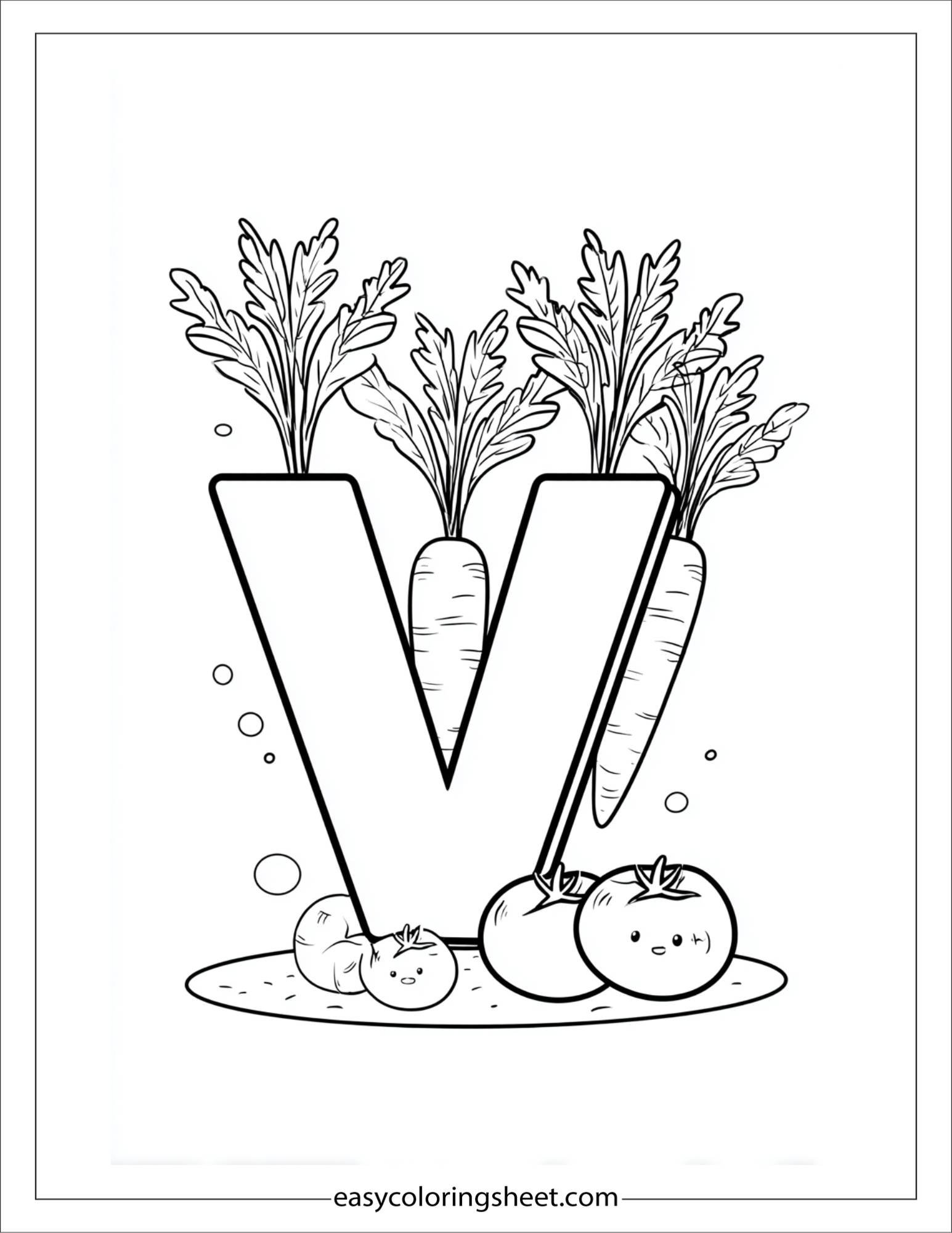 alphabet V vegetables garden coloring page