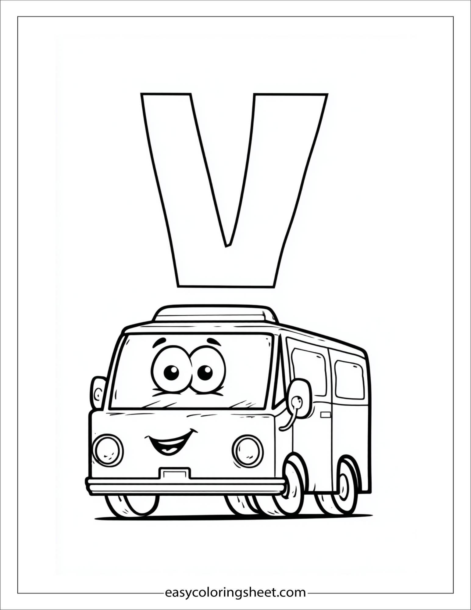 alphabet V vehicle van coloring page