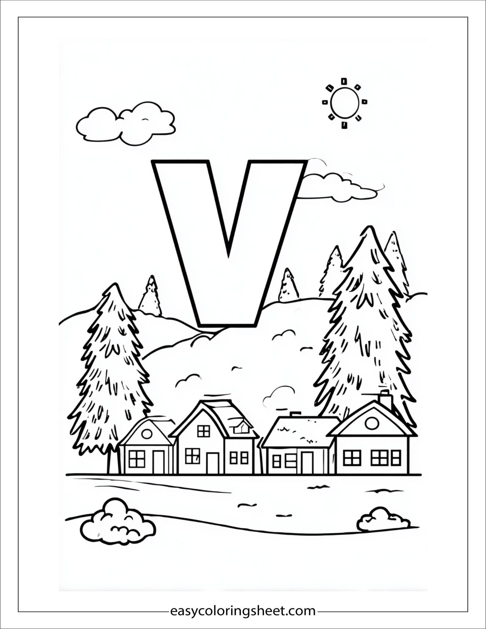 alphabet V village coloring page