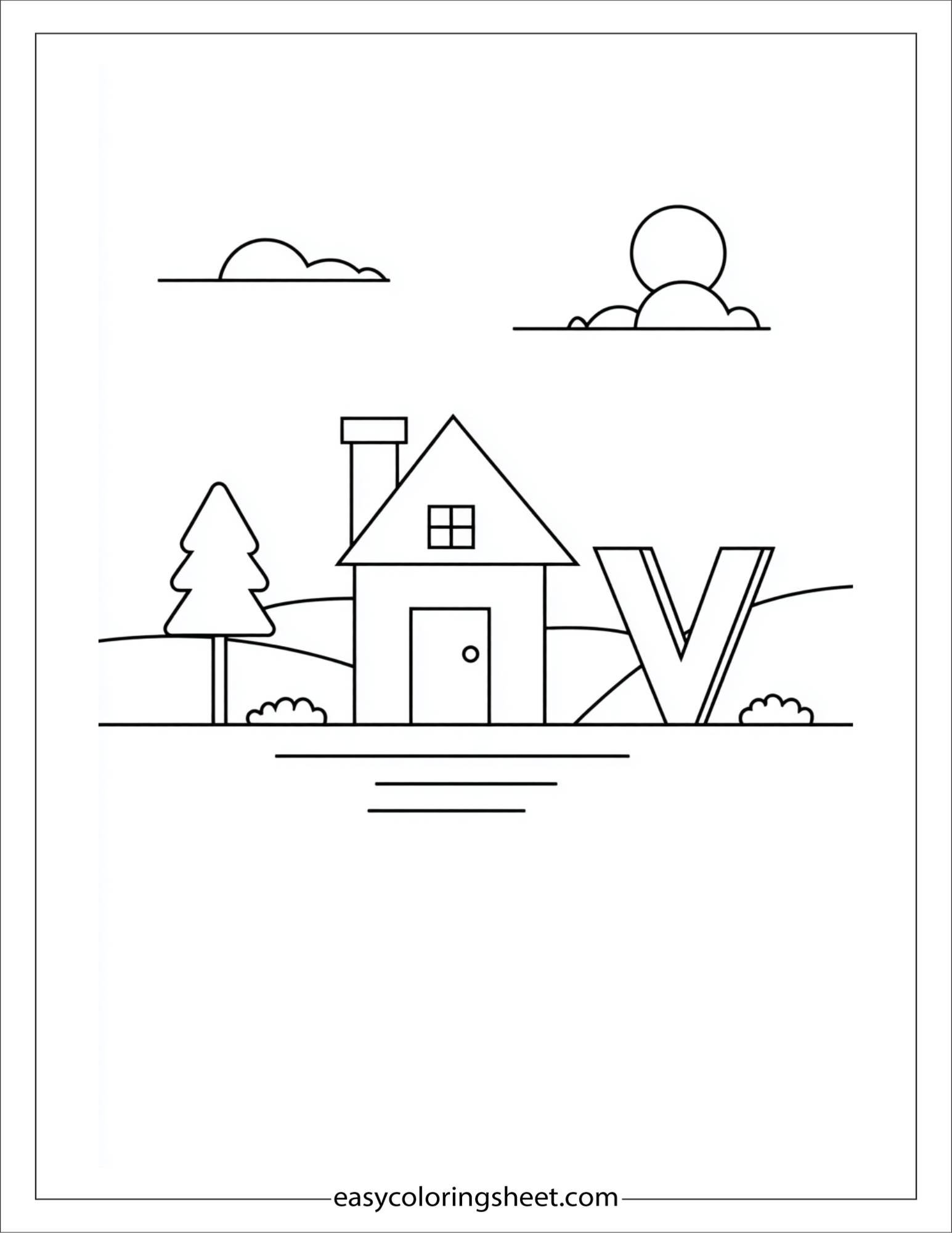 alphabet V village house coloring page