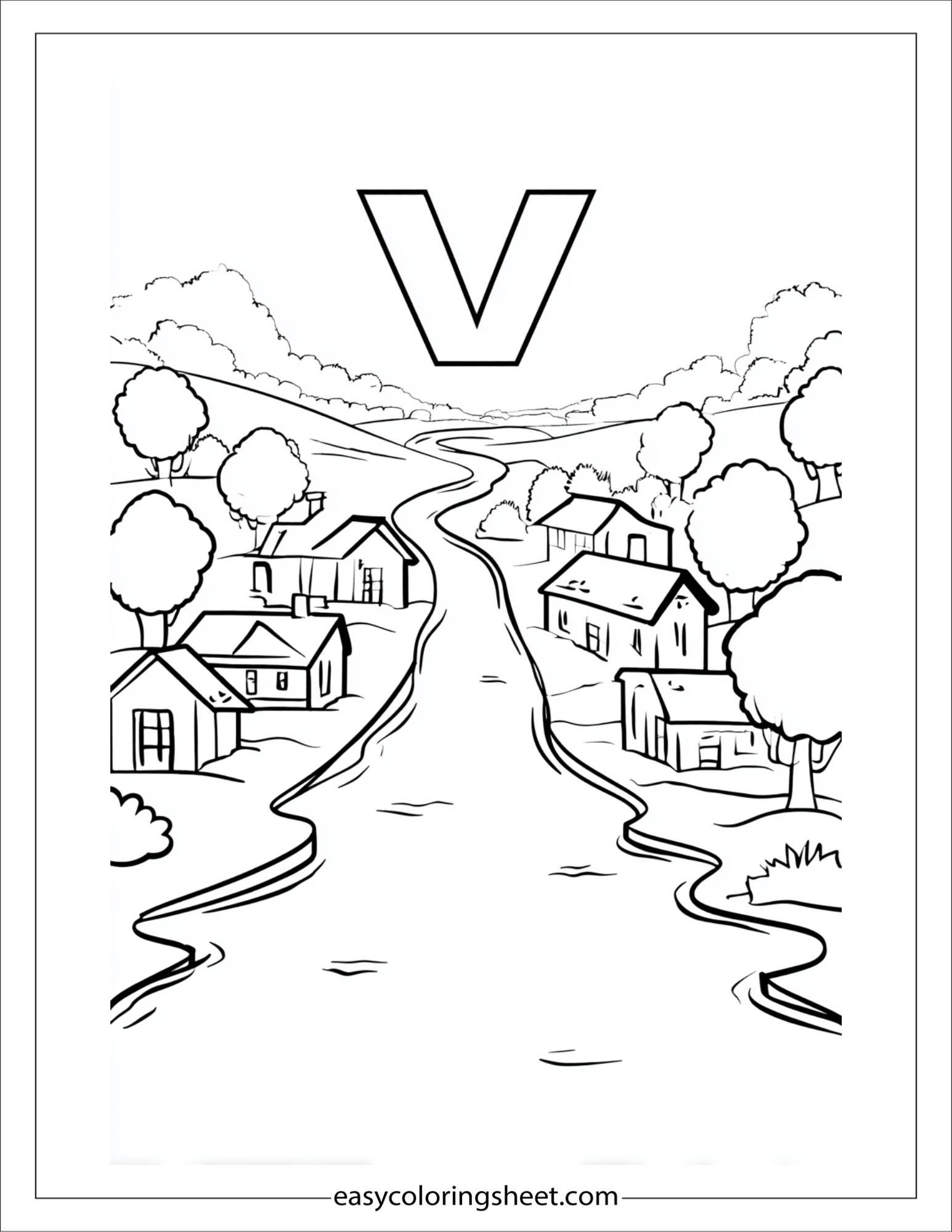 alphabet V village river coloring page