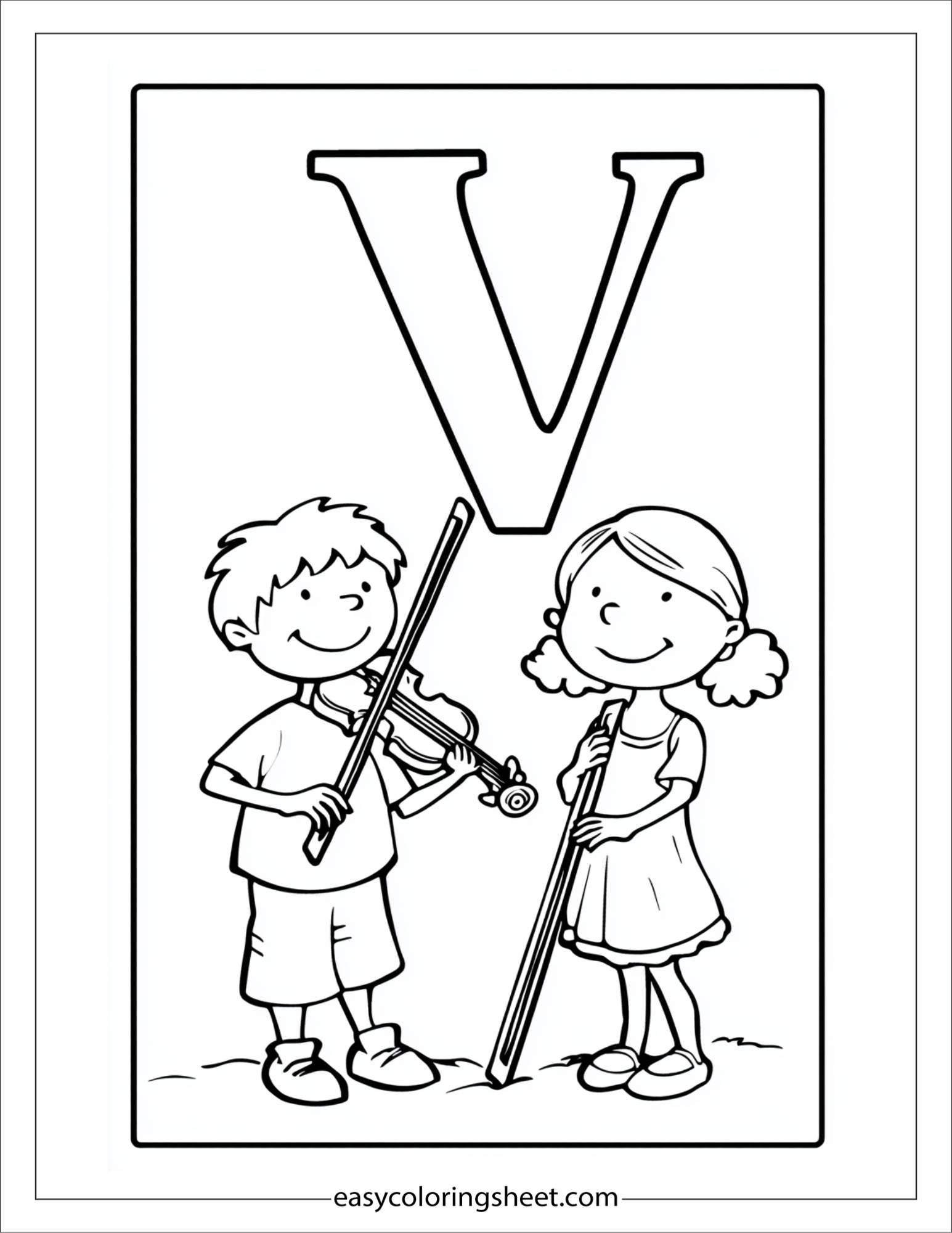 alphabet V violin coloring page