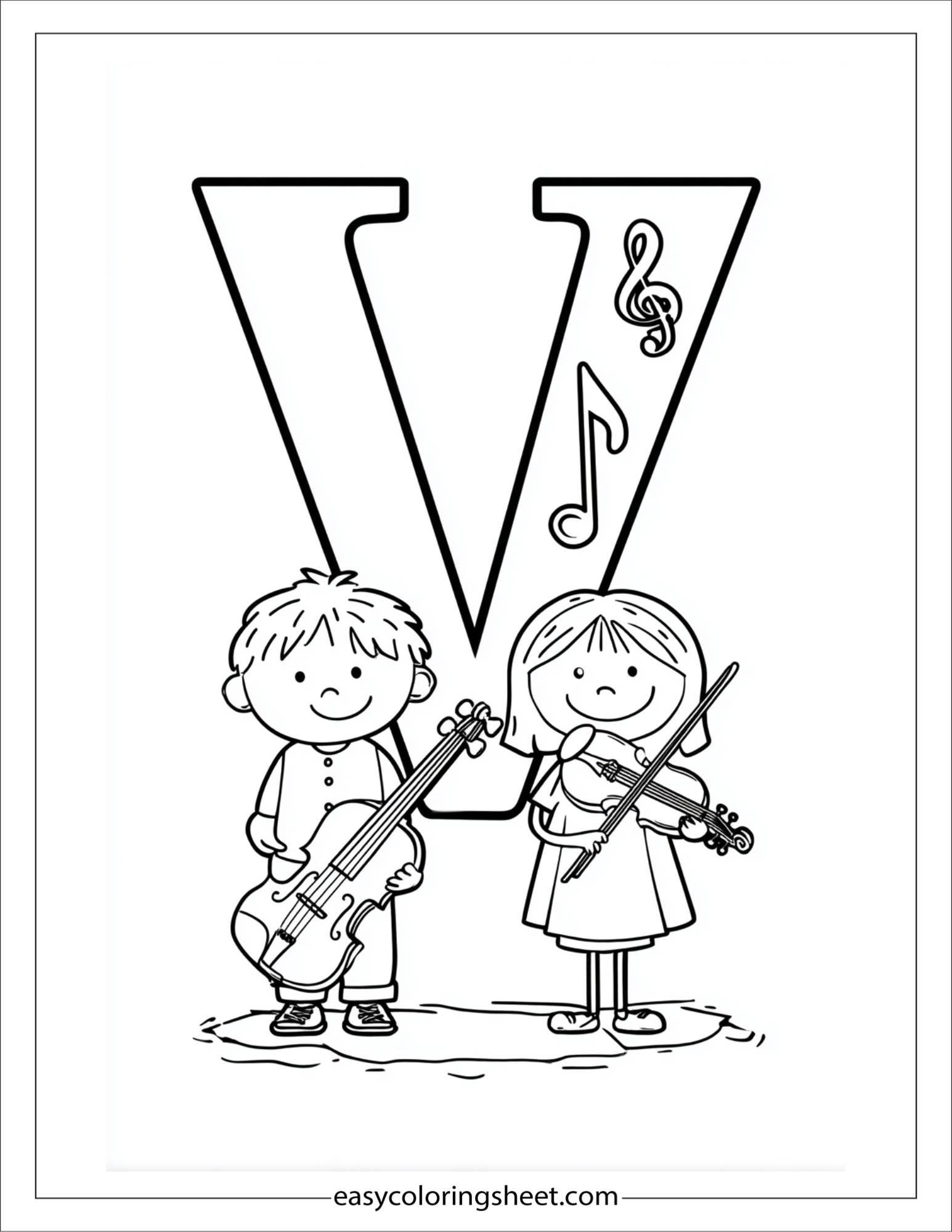 alphabet V violin music coloring page