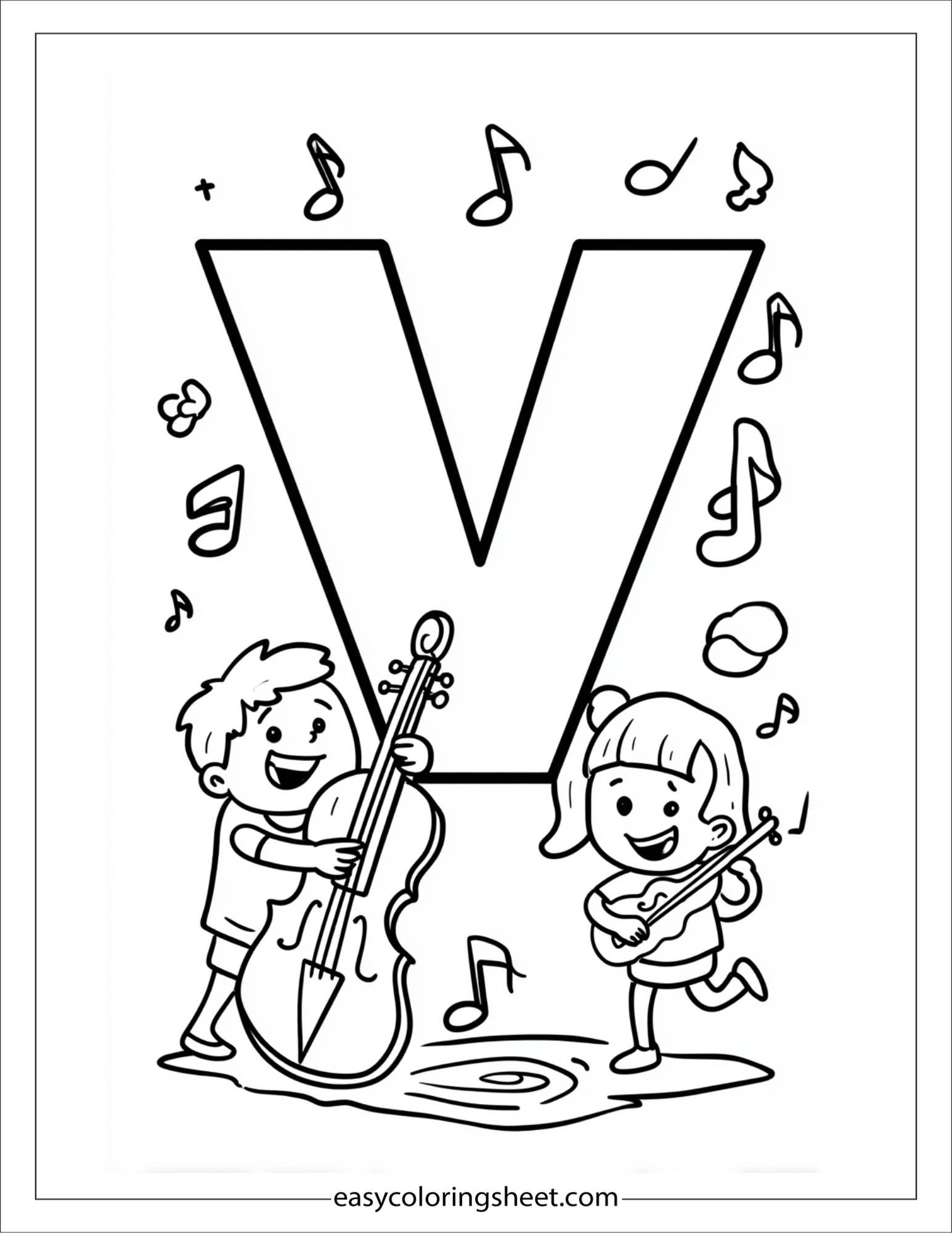 alphabet V violin notes coloring page