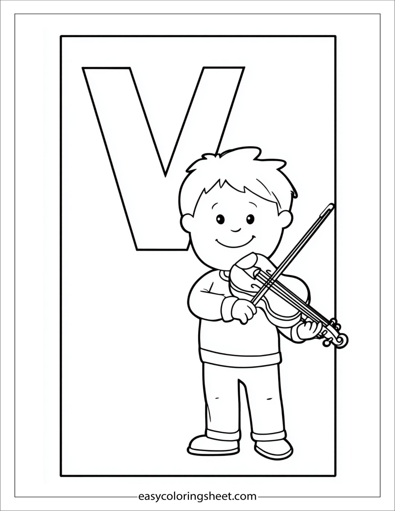 alphabet V violin player coloring page