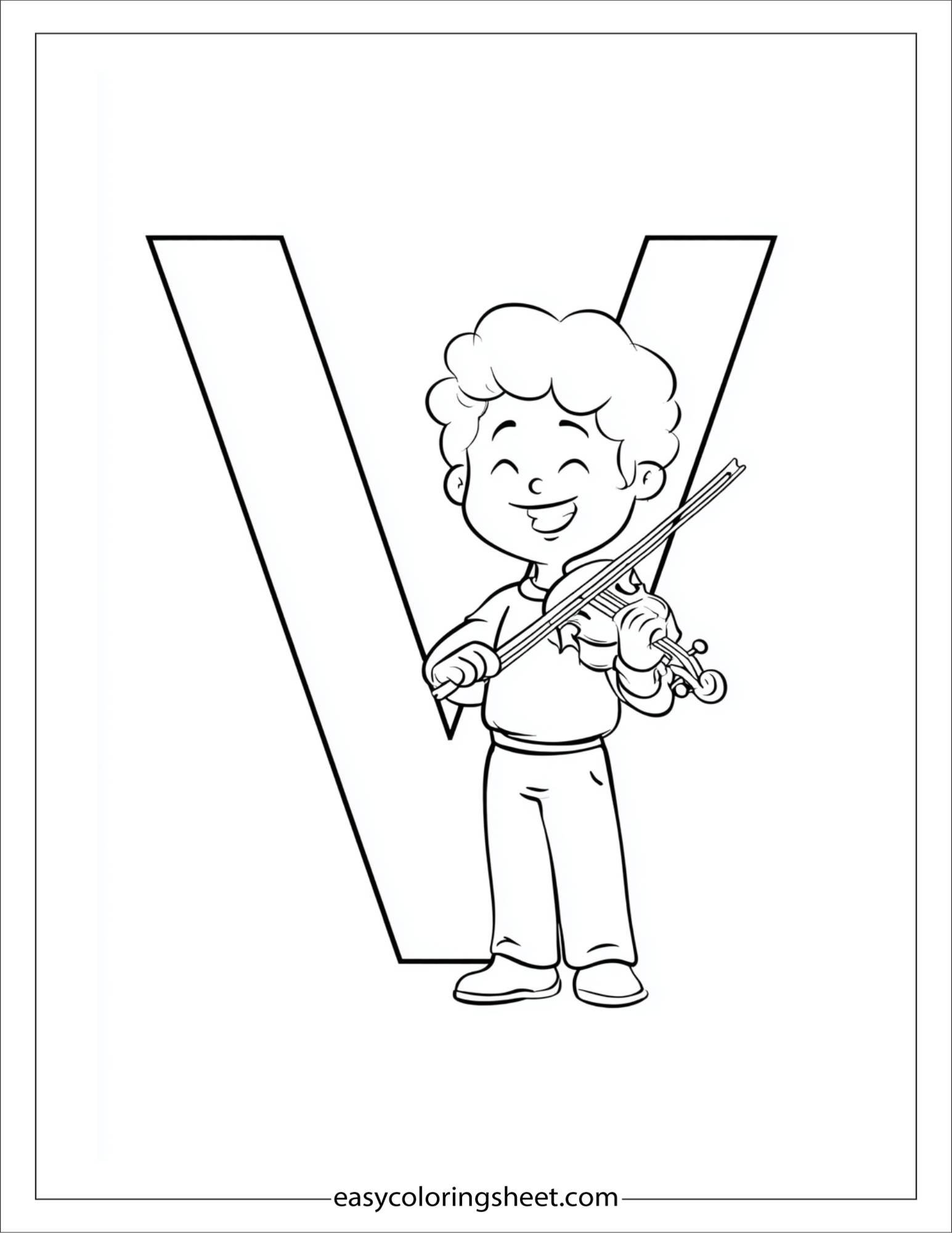alphabet V violinist coloring page