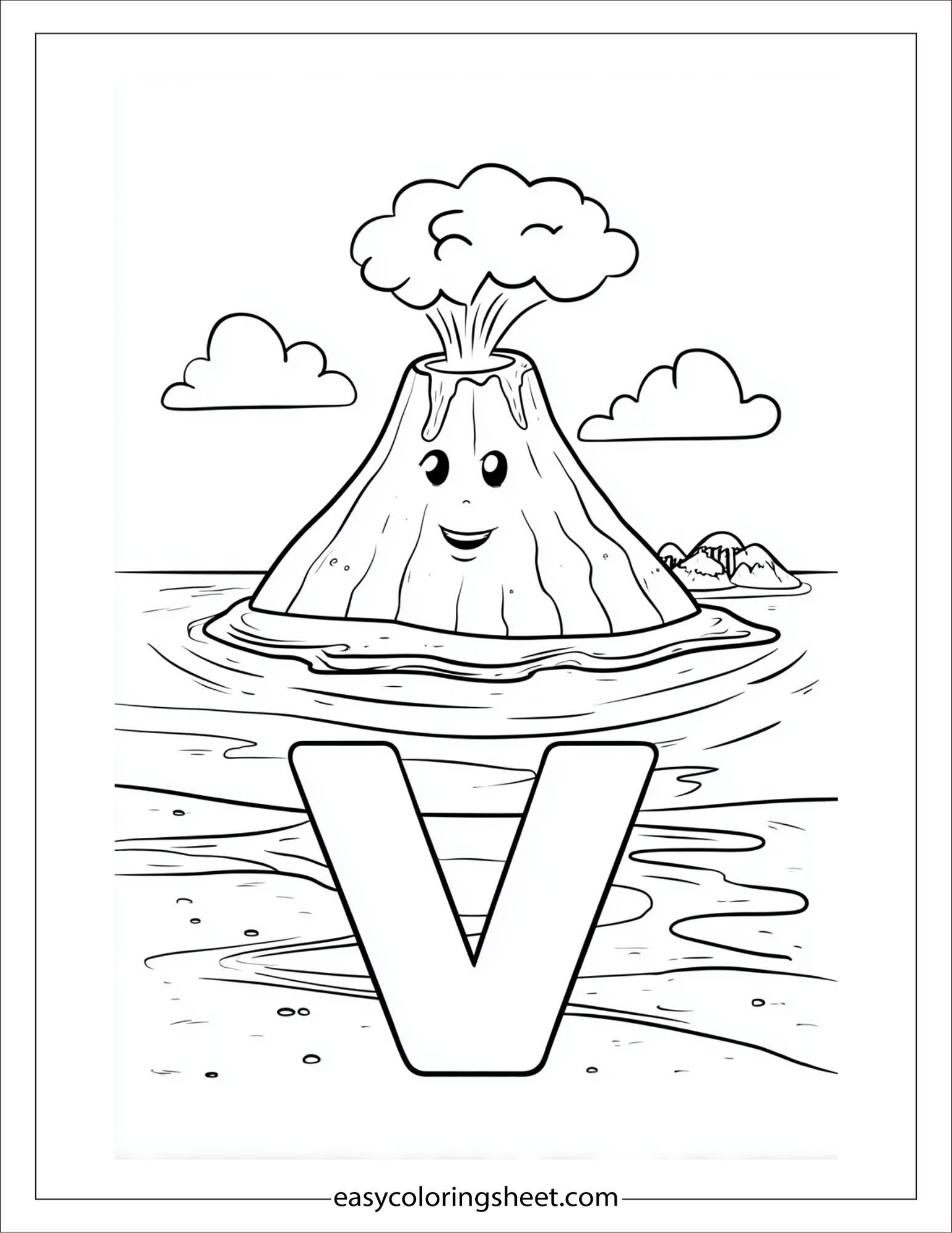 alphabet V volcano island coloring page