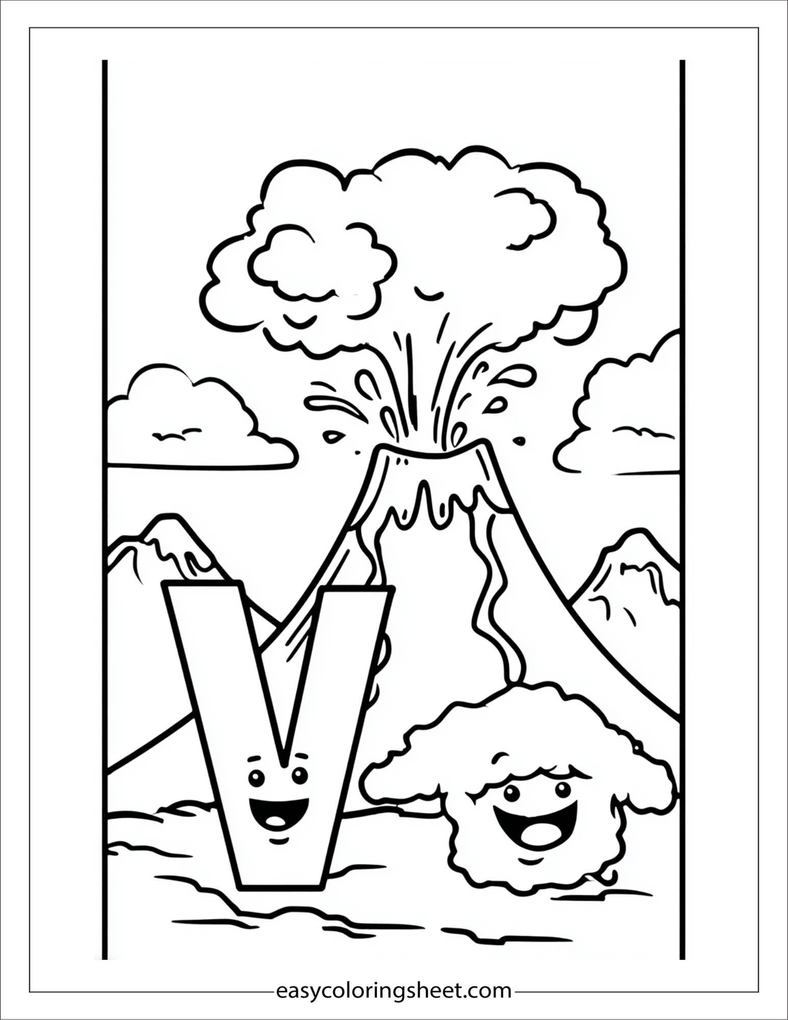 alphabet V volcano lava coloring page