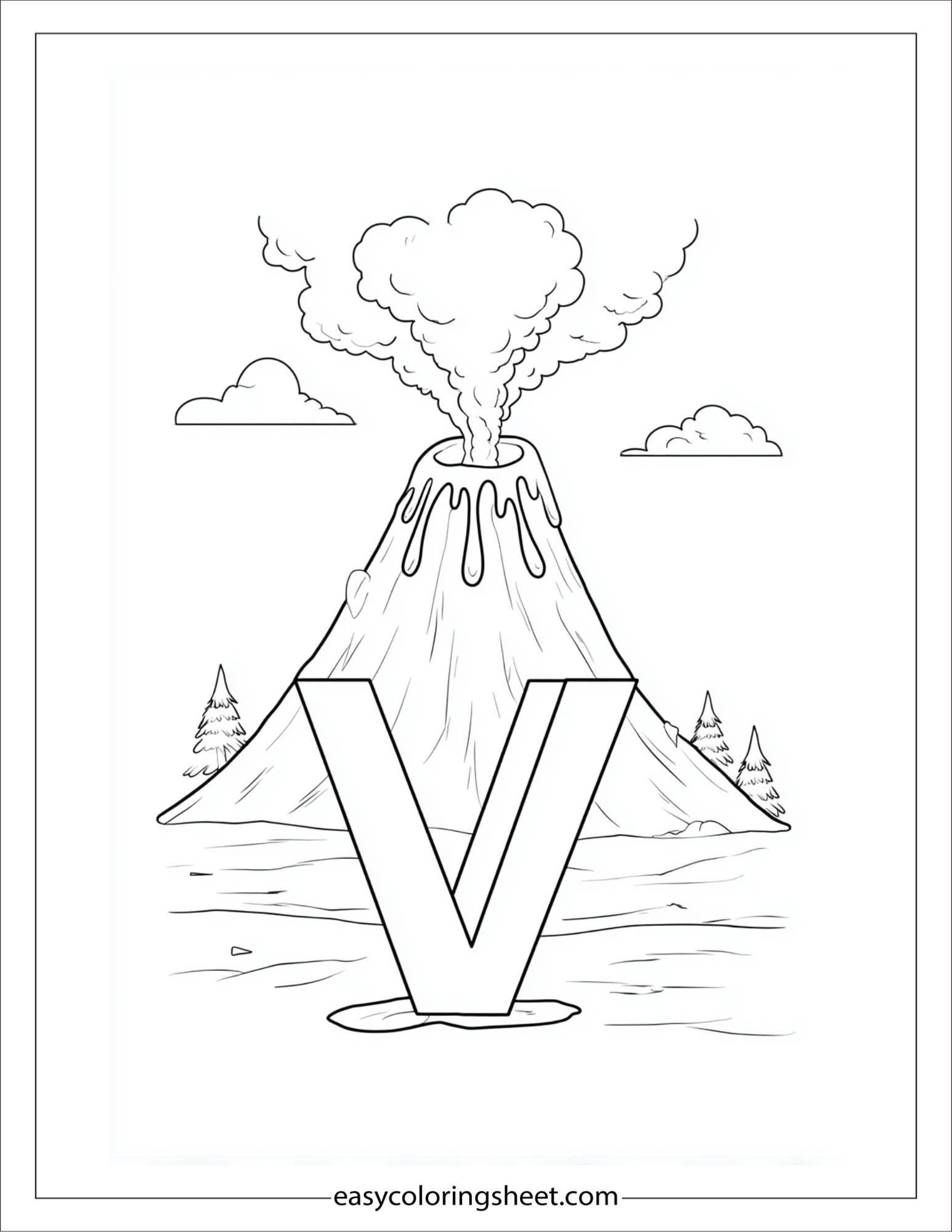 alphabet V volcano mountain coloring page