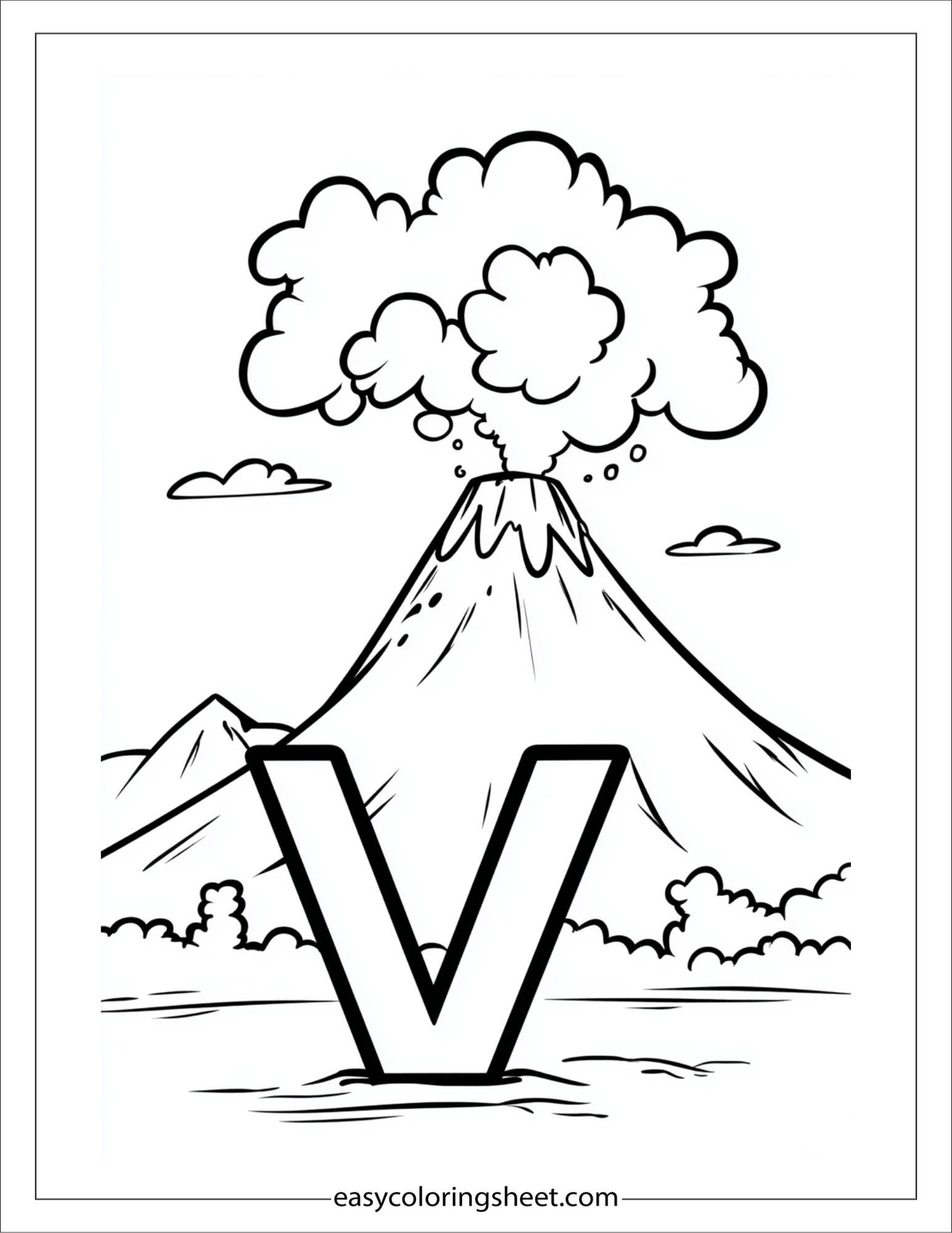 alphabet V volcano smoke coloring page